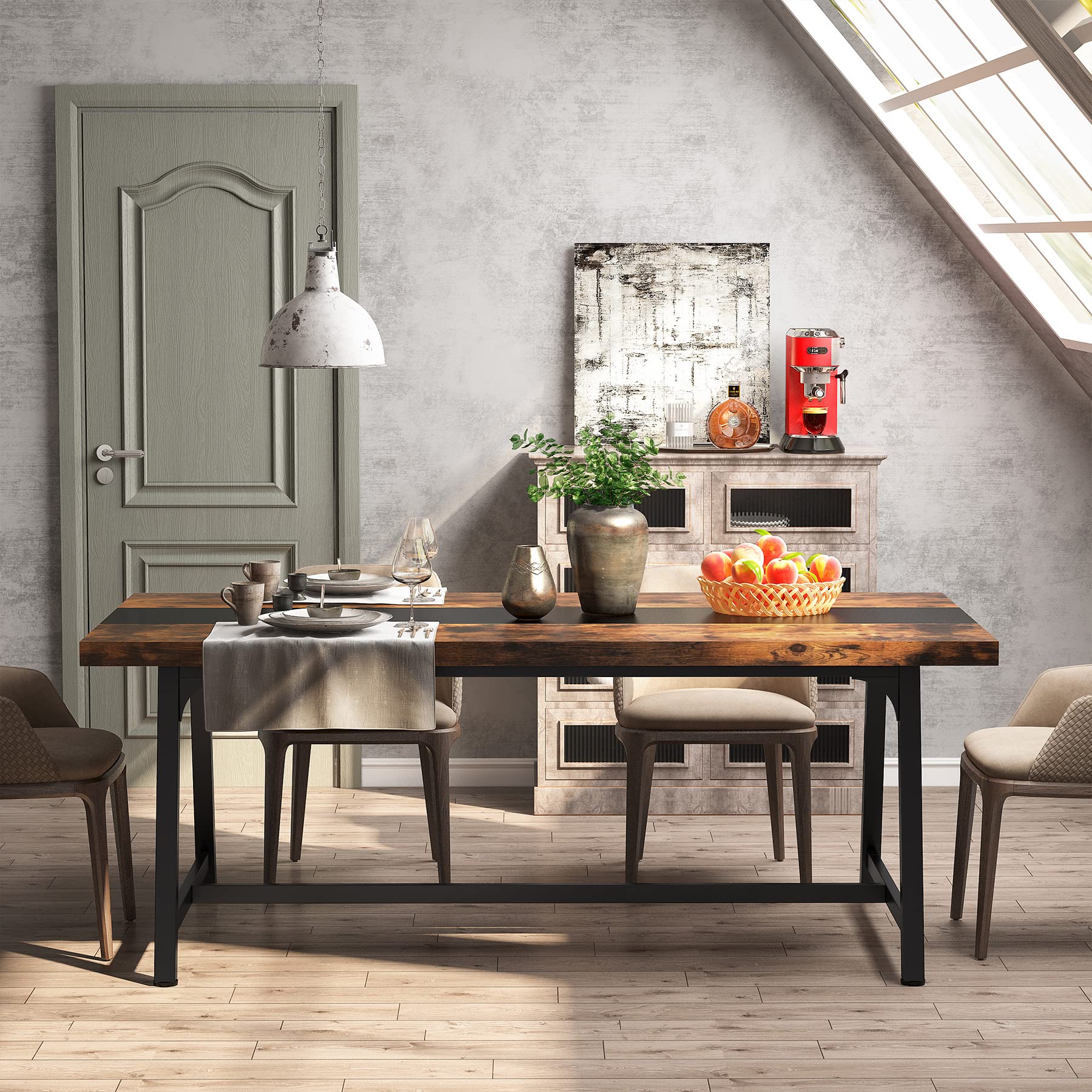 70.87" Industrial Dining Table, Large Rustic Brown Wood Kitchen Table with Metal Frame for Big Families