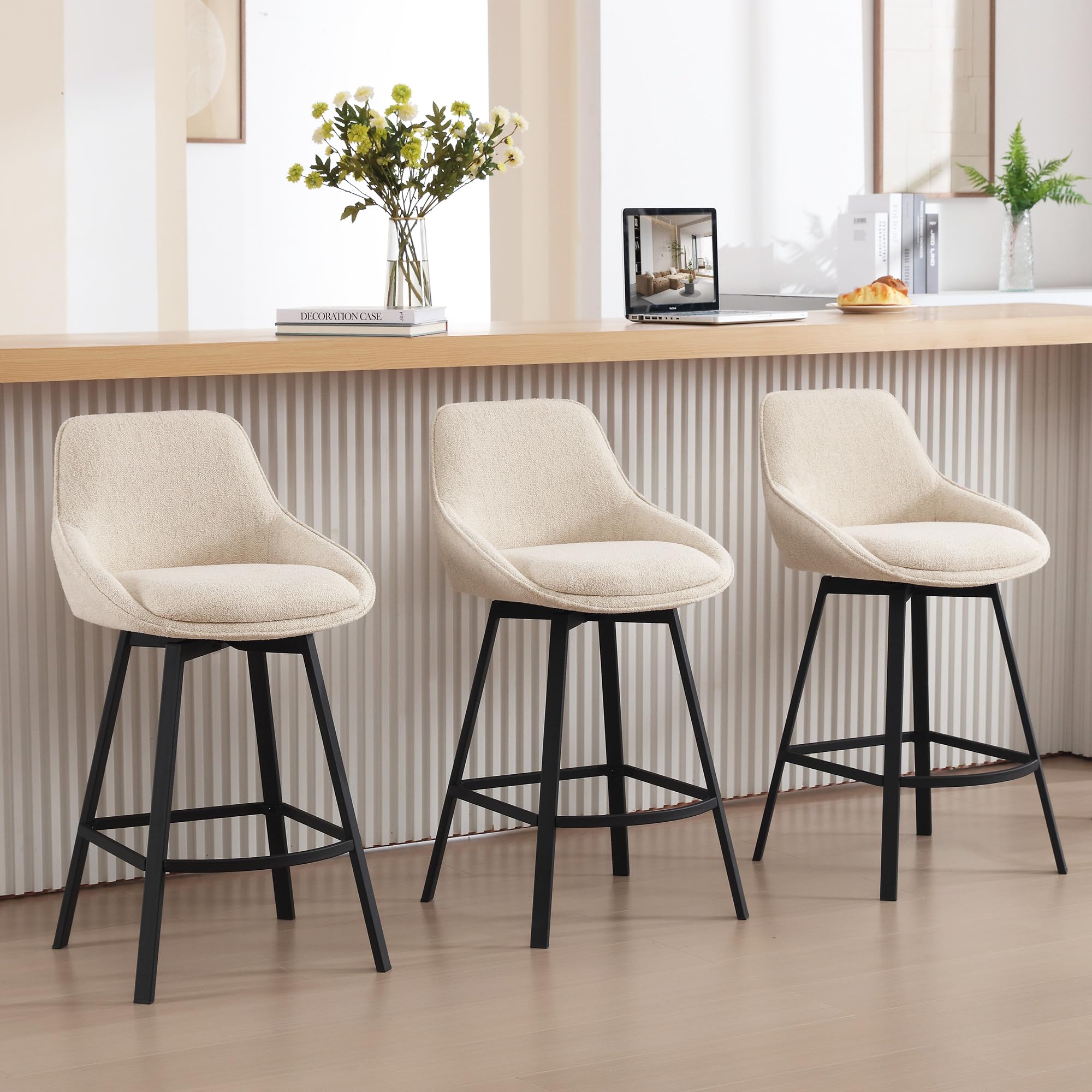 Swivel Bar Stools Set of 3, Modern 26'' Upholstered Counter Height Barstools with Backs and Metal Legs for Kitchen Island, Beige