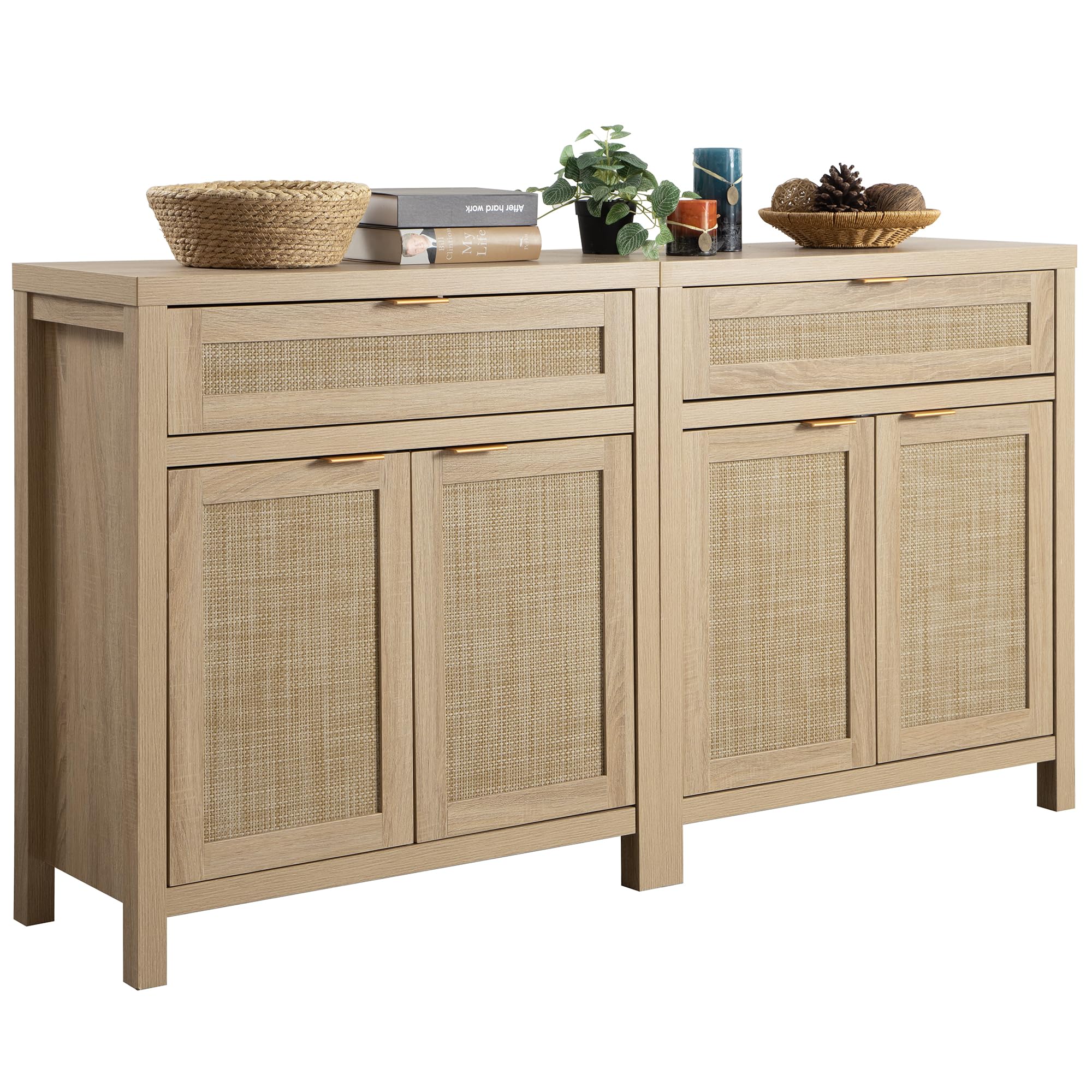 Sideboard Buffet Storage Cabinet Set of 2, Natural Rattan Credenza Console with Drawer & Doors, Coffee Bar for Living Room