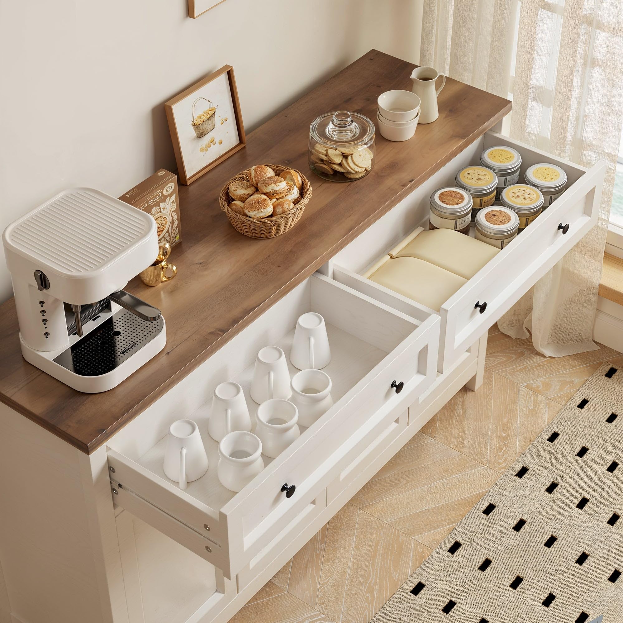 Farmhouse Sideboard Buffet Cabinet with Storage, White/Rustic Brown Coffee Bar with Drawers & Doors for Dining Room