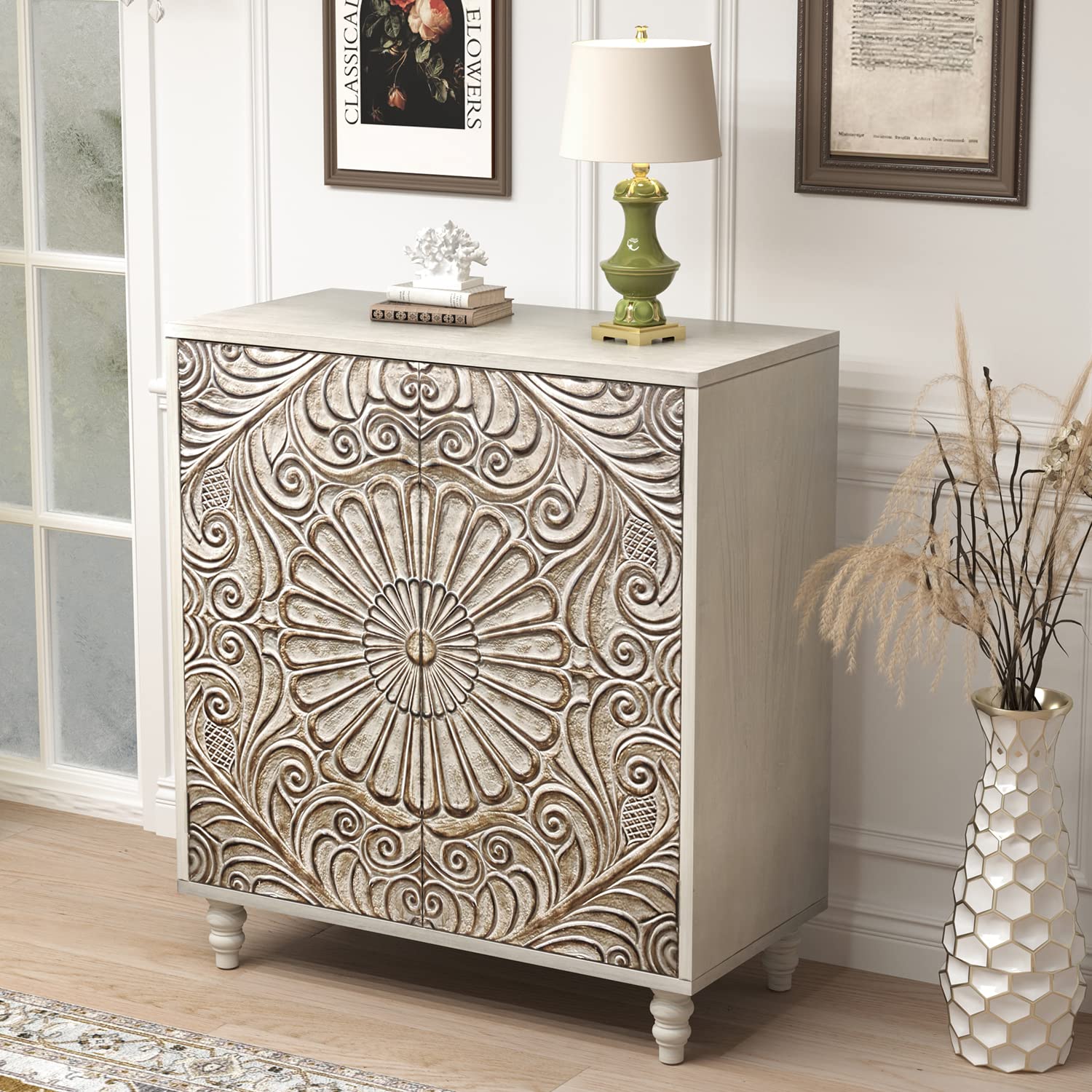 32" Sideboard Buffet Cabinet with Flower Pattern Doors, Vintage Push-to-Open Storage Table for Hallway, Gray