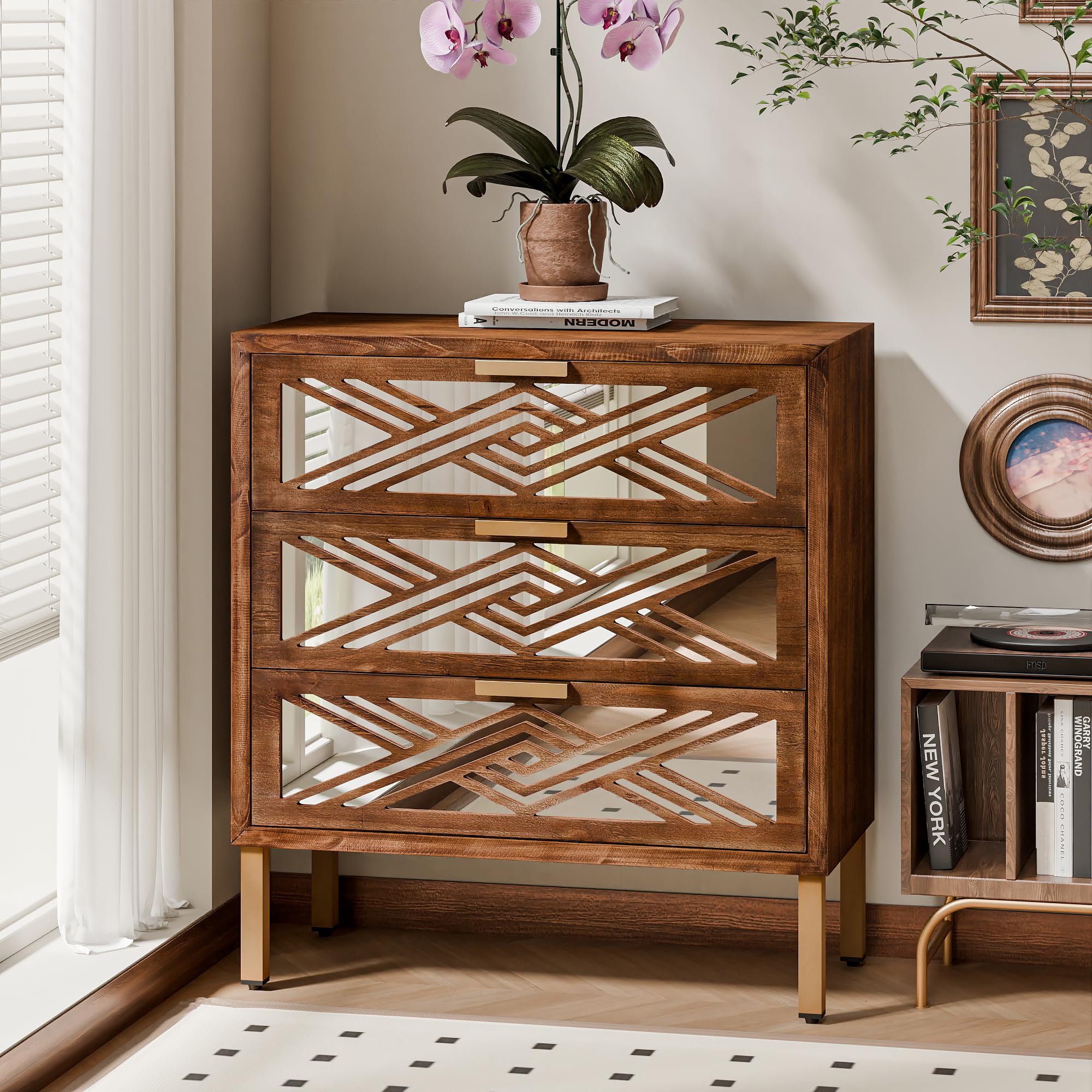 Modern Farmhouse 3-Drawer Accent Chest with Mirror Fronts, Clean-Line Dresser for Living Room, Bedroom, Entryway