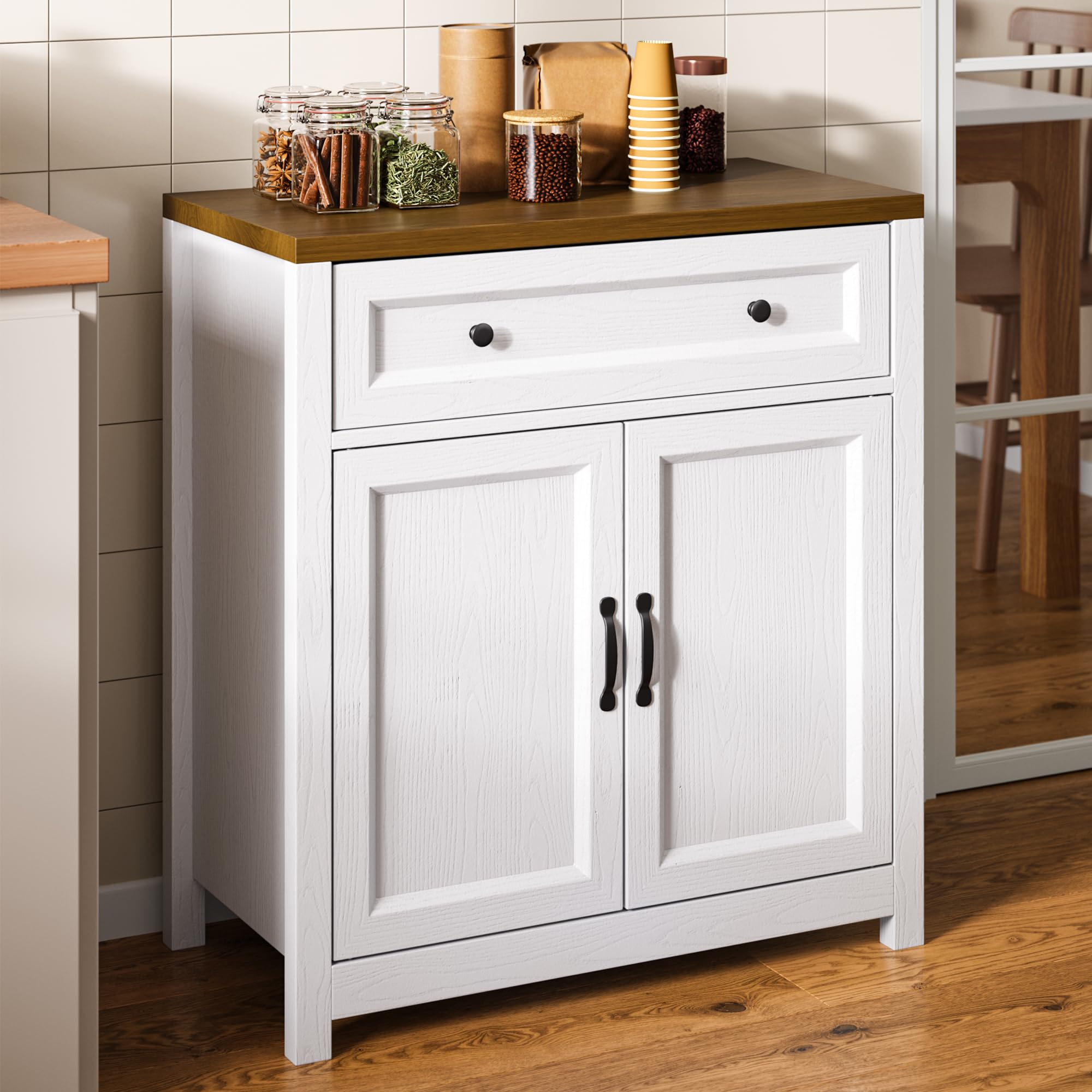 Kitchen Storage Cabinet with Adjustable Shelf, Farmhouse Coffee Bar with Drawer & Barn Door, 30" Wide, Freestanding Design