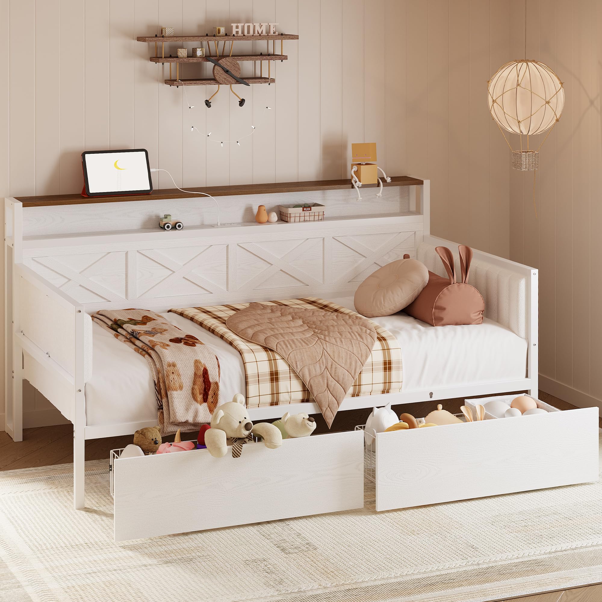 White/Walnut Twin Daybed – Upholstered Daybed with Storage Drawers, Metal Frame, Charging Station, Farmhouse Style
