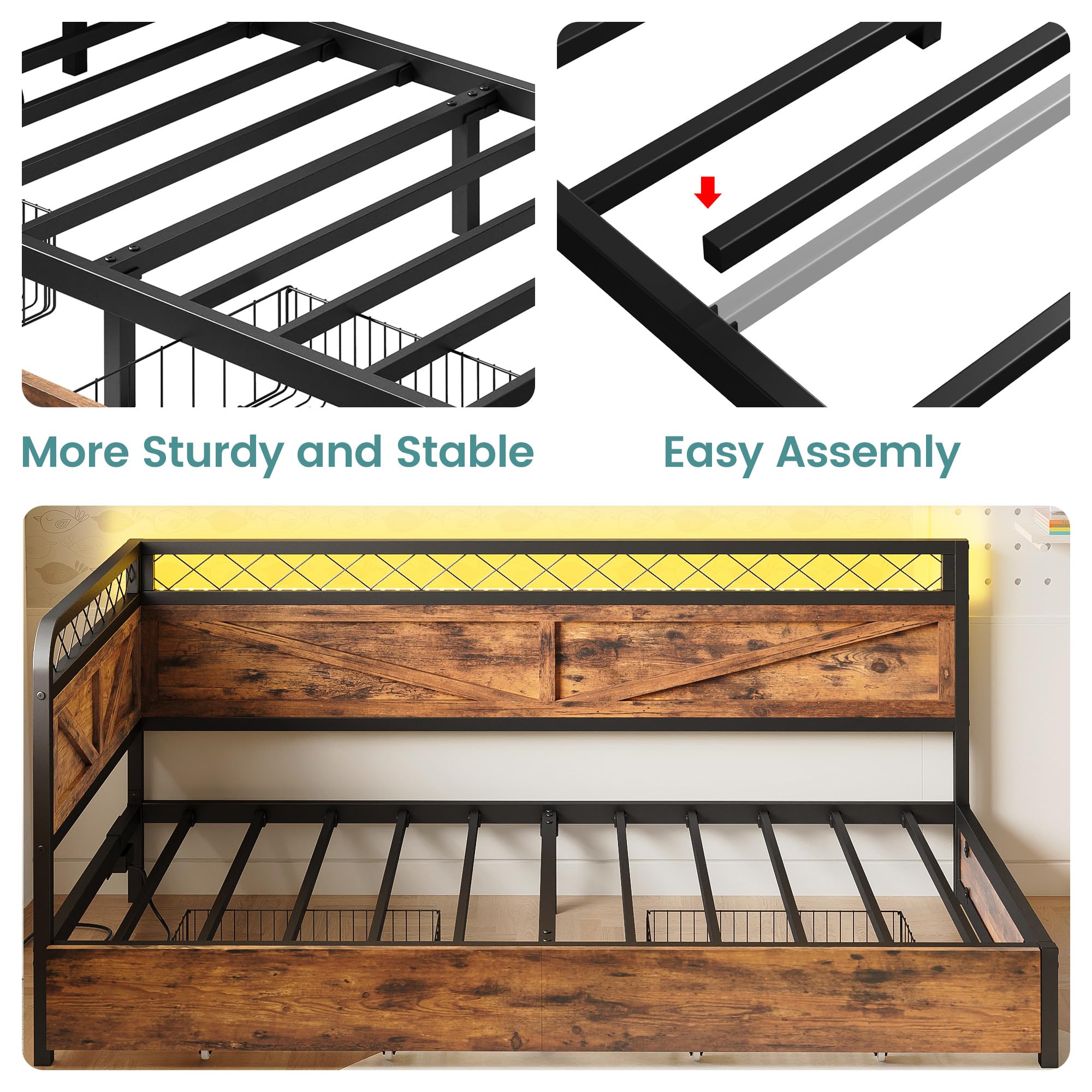 Industrial Brown Twin Daybed – Corner Bed with Storage Drawers, LED Lights & Charging Station for Guest Room