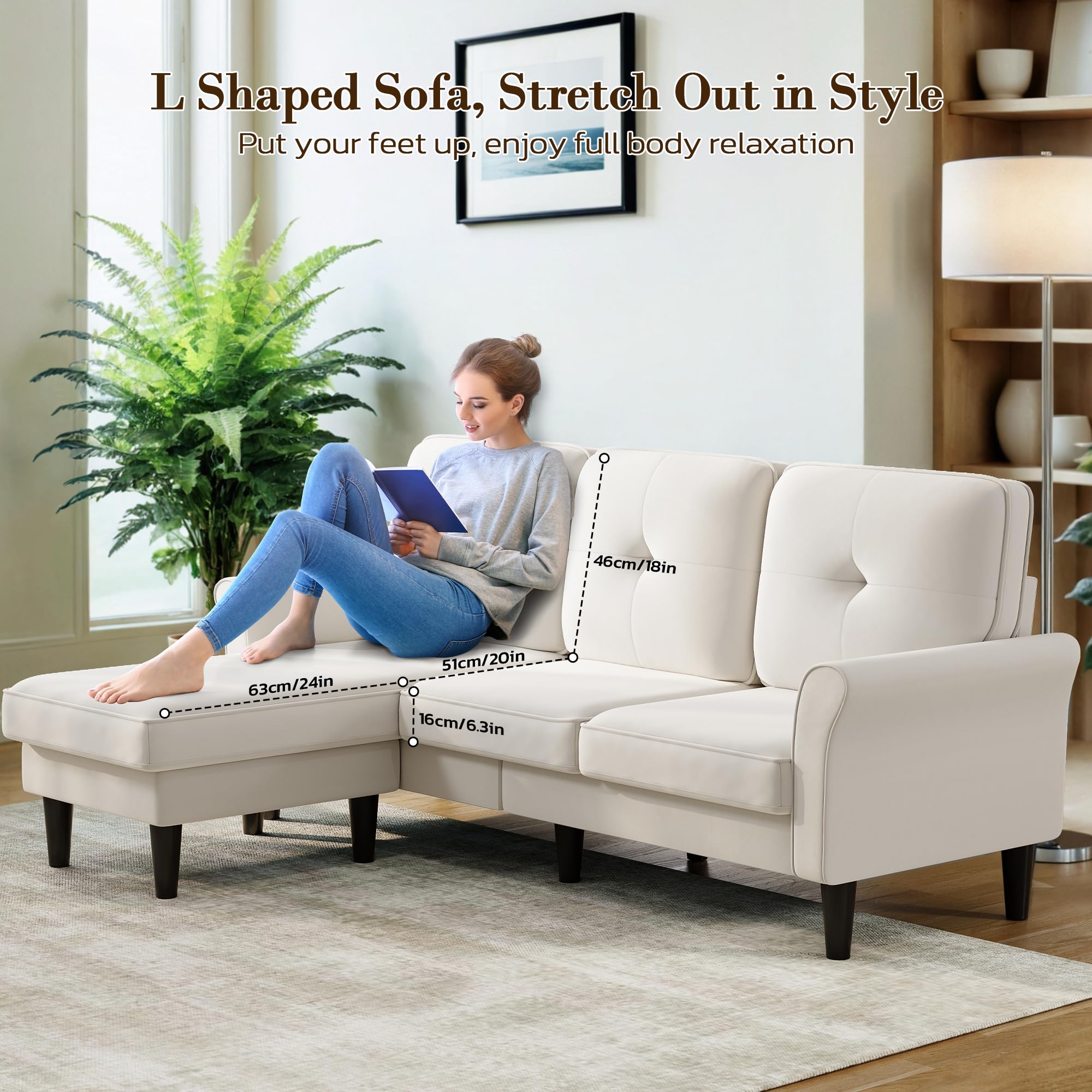 83" Beige Velvet Sectional Couch with Ottoman, L-Shaped 3-Seater Sofa for Living Room, Apartment, Office, Small Spaces