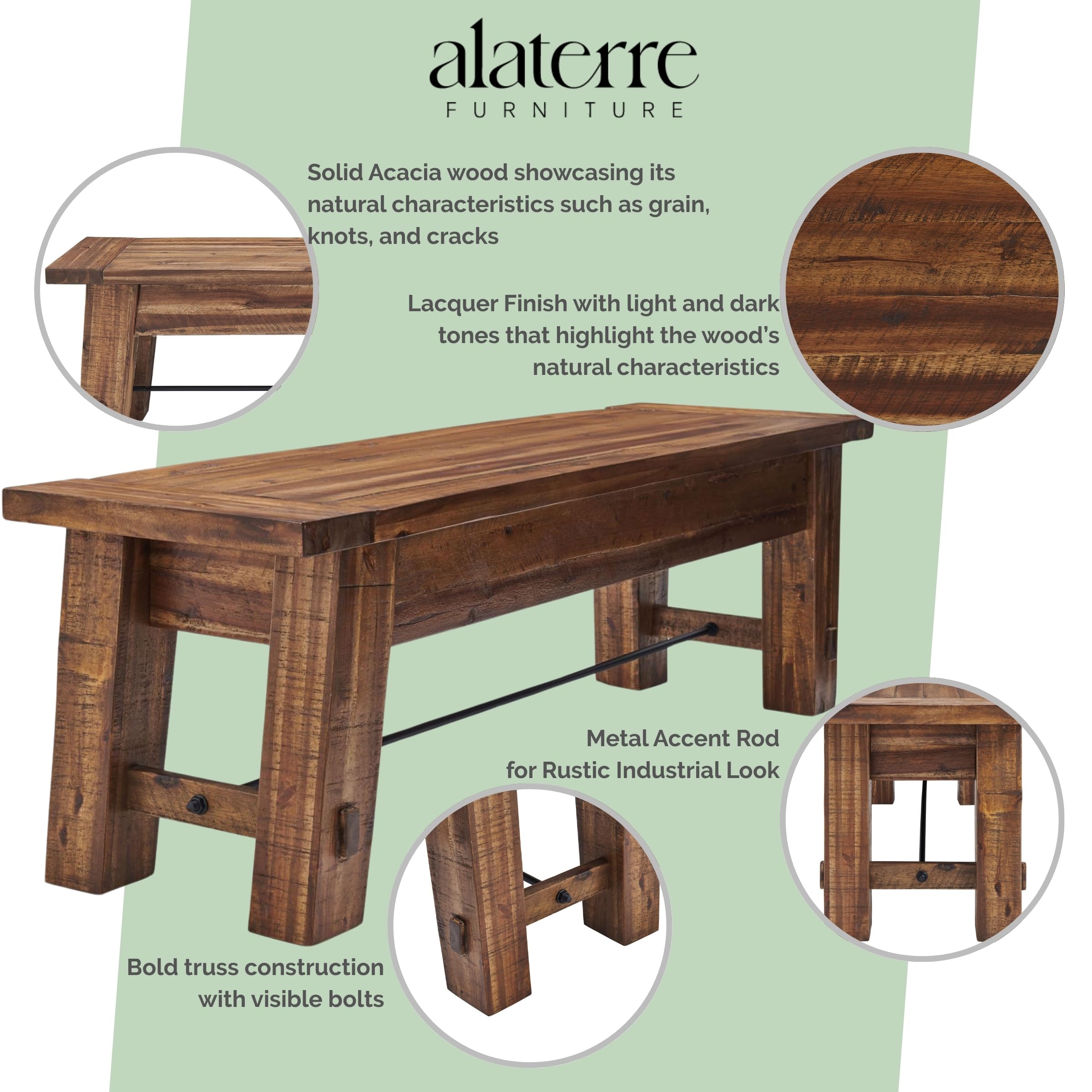 Durango 60" Rustic Farmhouse Wood Bench, Solid Wood Entryway Seating for Dining, Kitchen, Hallway
