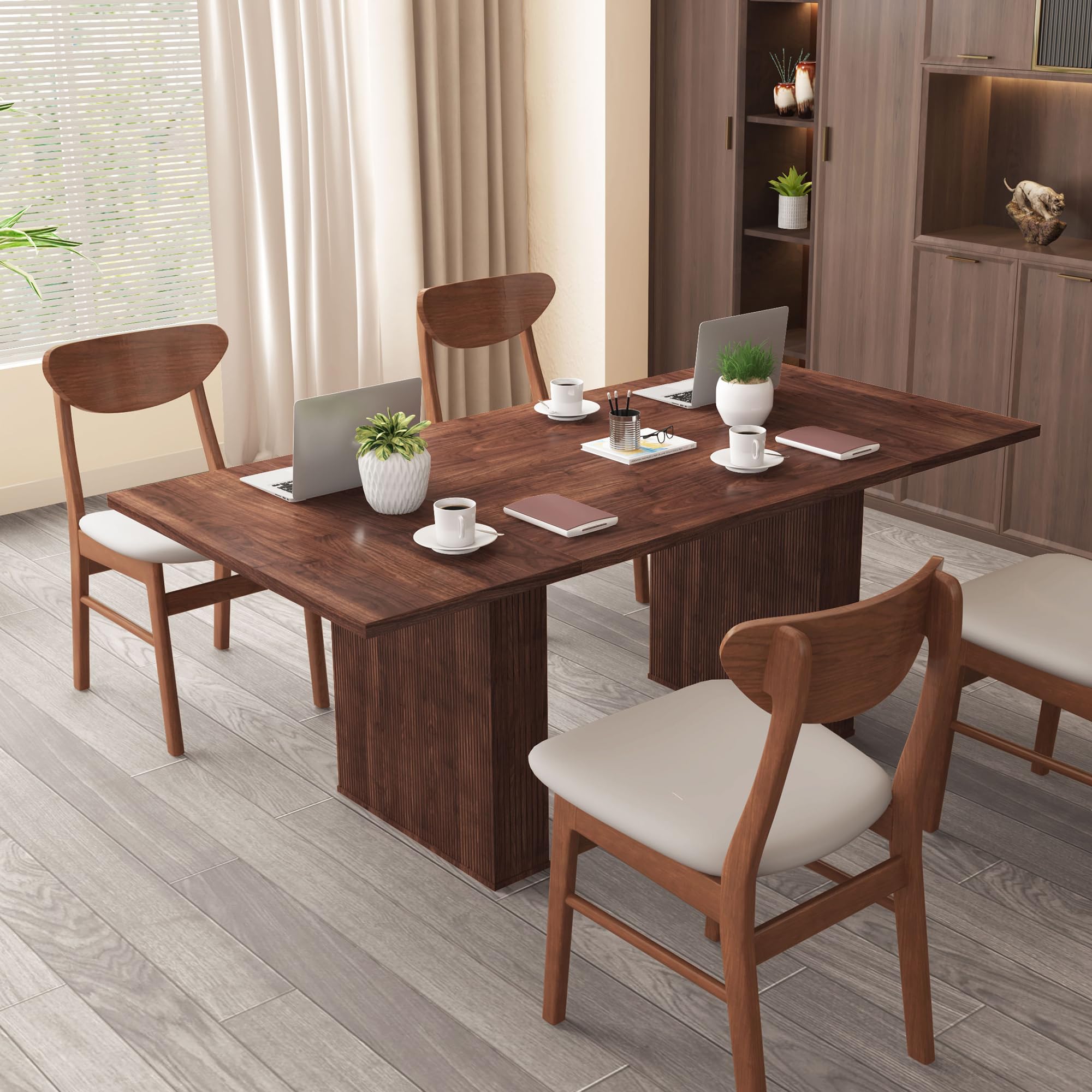 78" Modern Farmhouse Dining Table, Long Walnut Kitchen Table with Wood Strip Base for 6-10 People