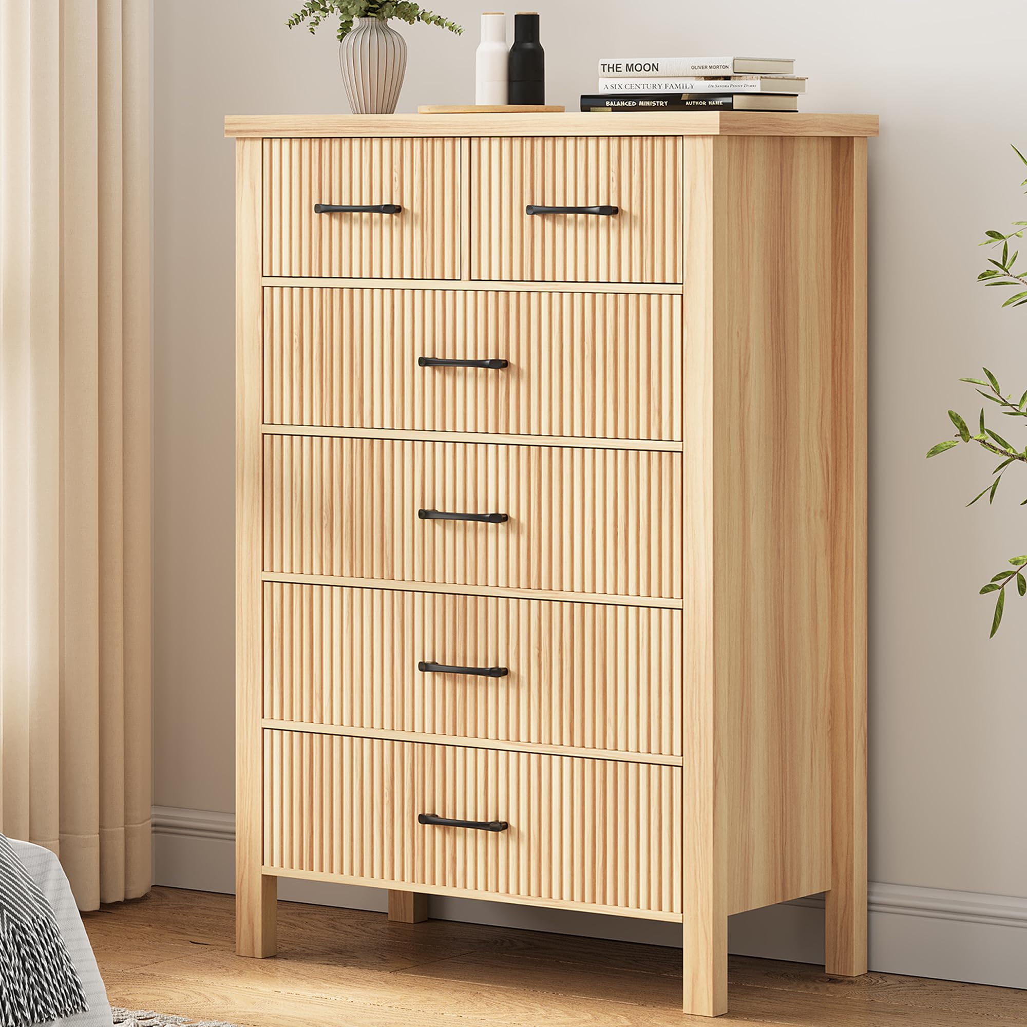 Fluted 6 Drawer Boho Dresser, Tall Wooden Chest for Bedroom Storage with Metal Handles, Natural Oak Finish