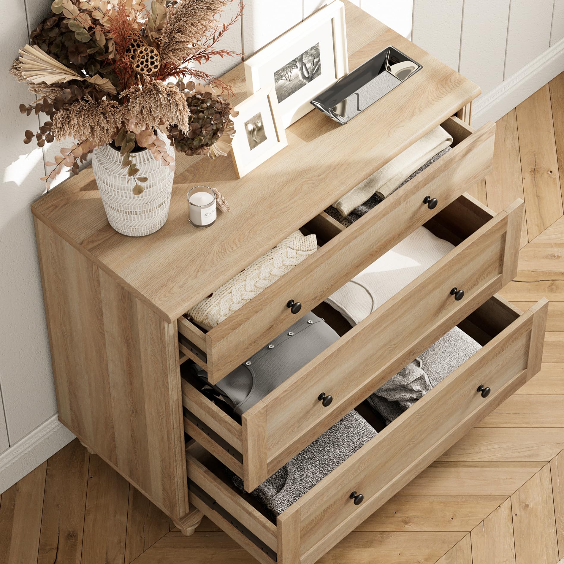34” Oak Farmhouse Nightstand Set of 2, Large 3-Drawer Wood Bedside Tables for Living Room or Bedroom