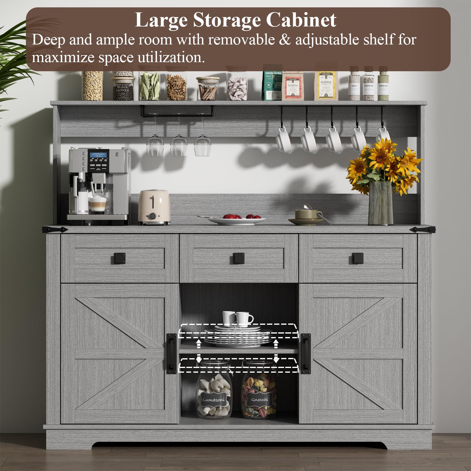 FURNIXI Grey Farmhouse Bar Cabinet with Hutch, Buffet Storage Unit with 3 Drawers, Cup Hooks, Goblet Holder for Kitchen Dining