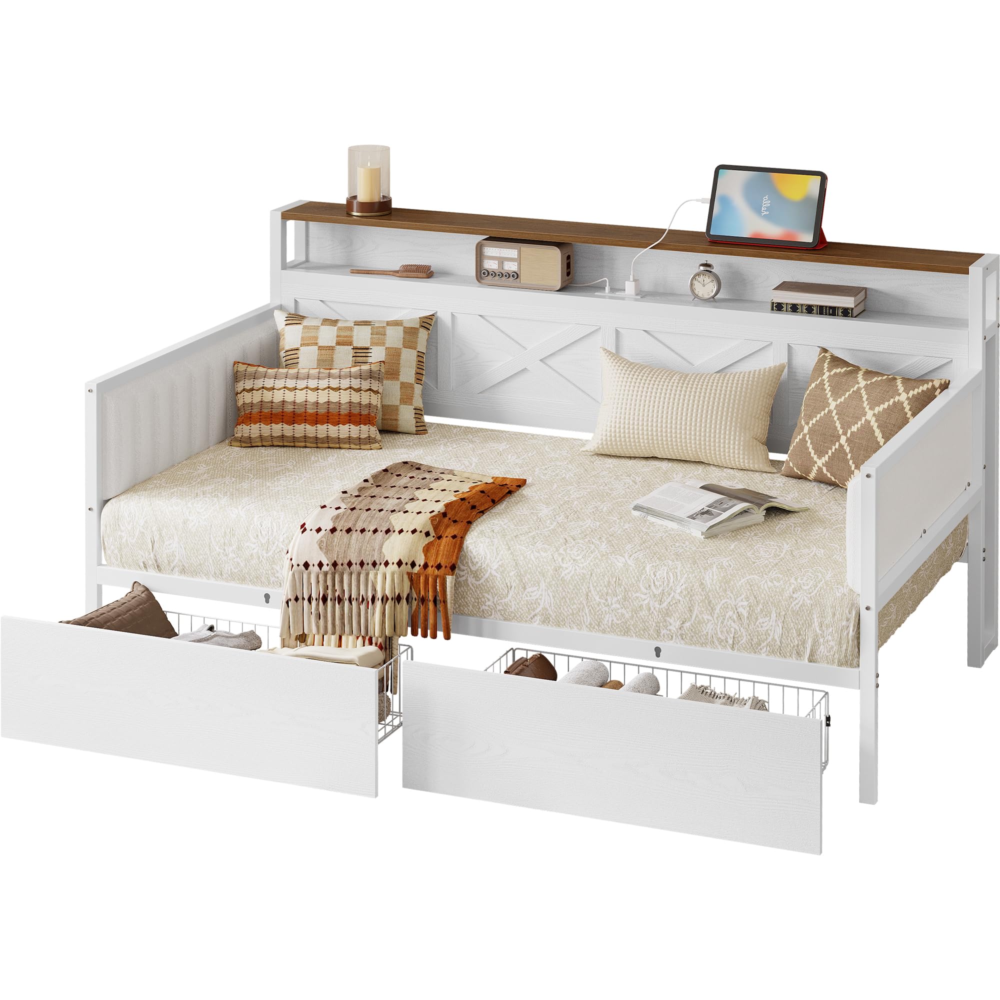 White/Walnut Twin Daybed – Upholstered Daybed with Storage Drawers, Metal Frame, Charging Station, Farmhouse Style