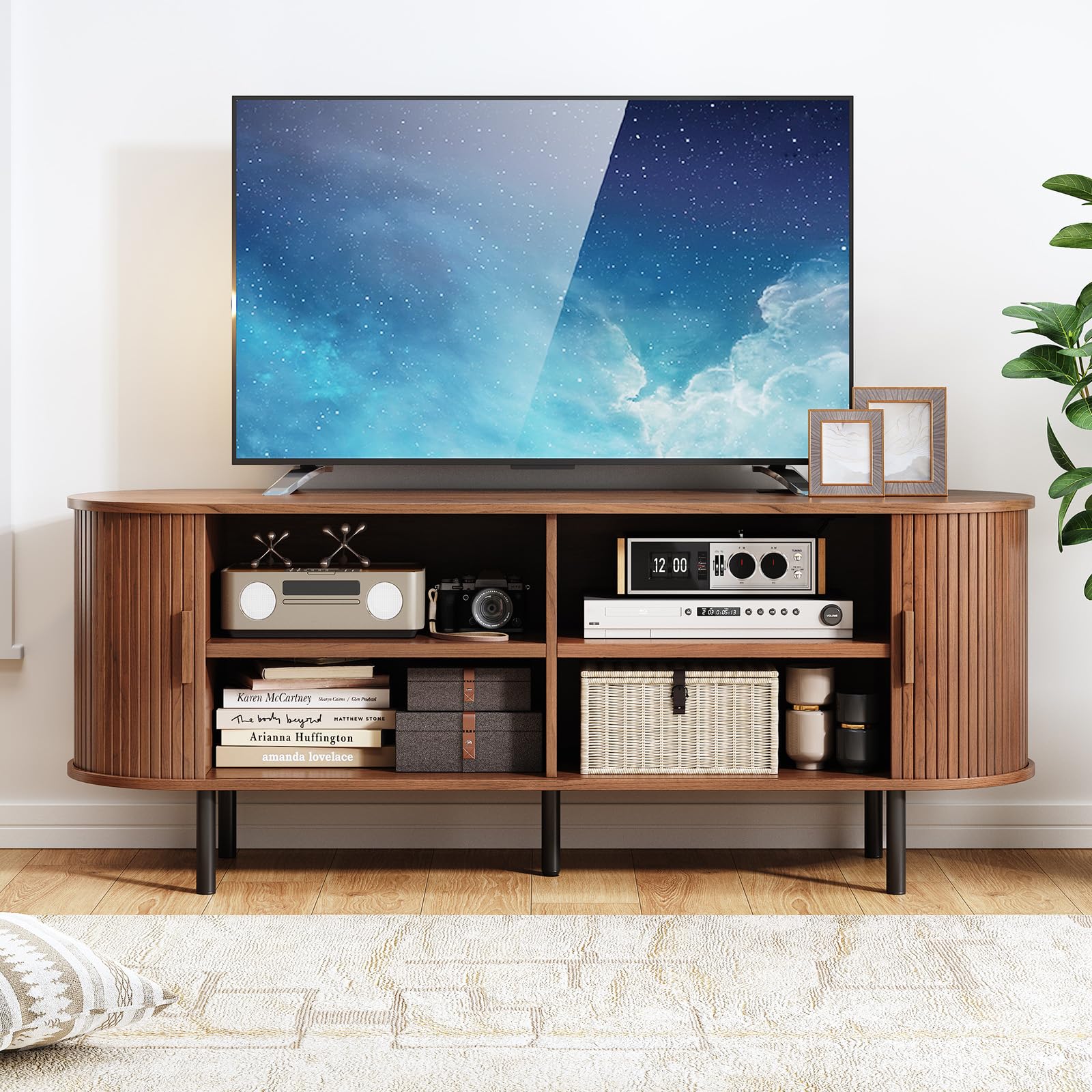 60" TV Stand with Power Outlet – Mid-Century Modern Entertainment Console with Sliding Doors & Adjustable Shelves, Walnut