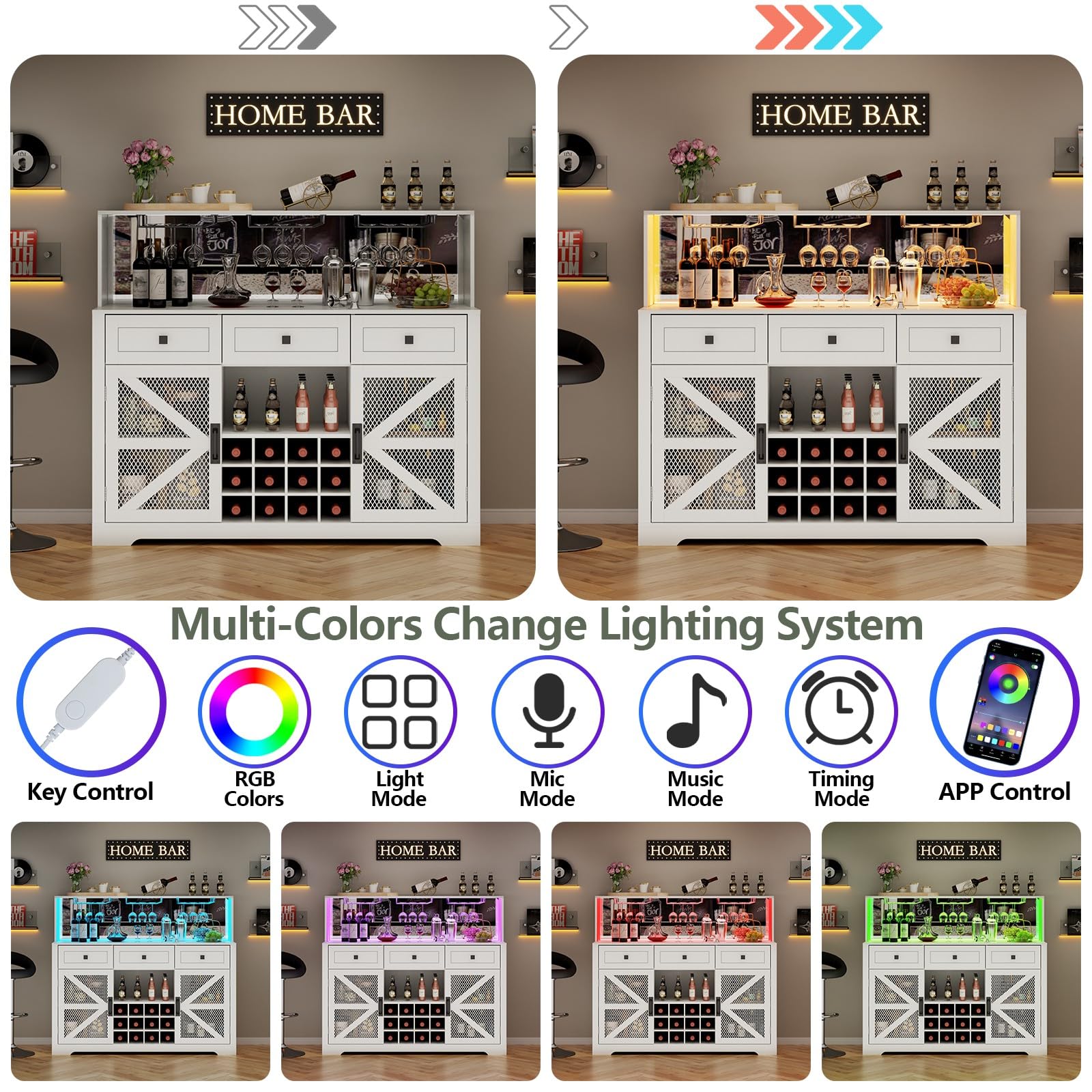 White Wine Bar Cabinet with LED Light, Kitchen Buffet with 3 Drawers, Goblet Holder, Mirror & Adjustable Storage Shelf