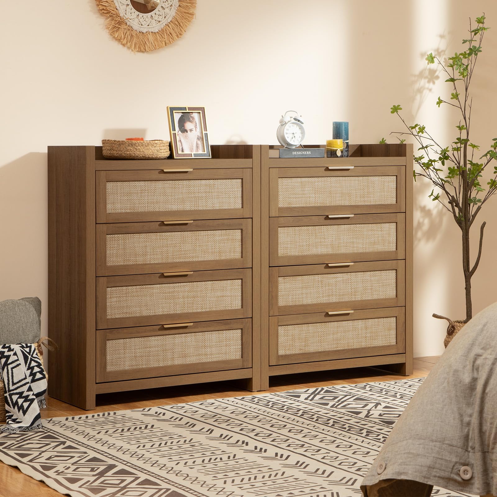 38" Tall 4-Drawer Rattan Dresser for Bedroom, Boho Chest with Storage Cabinet for Closet, Living Room, or Entryway