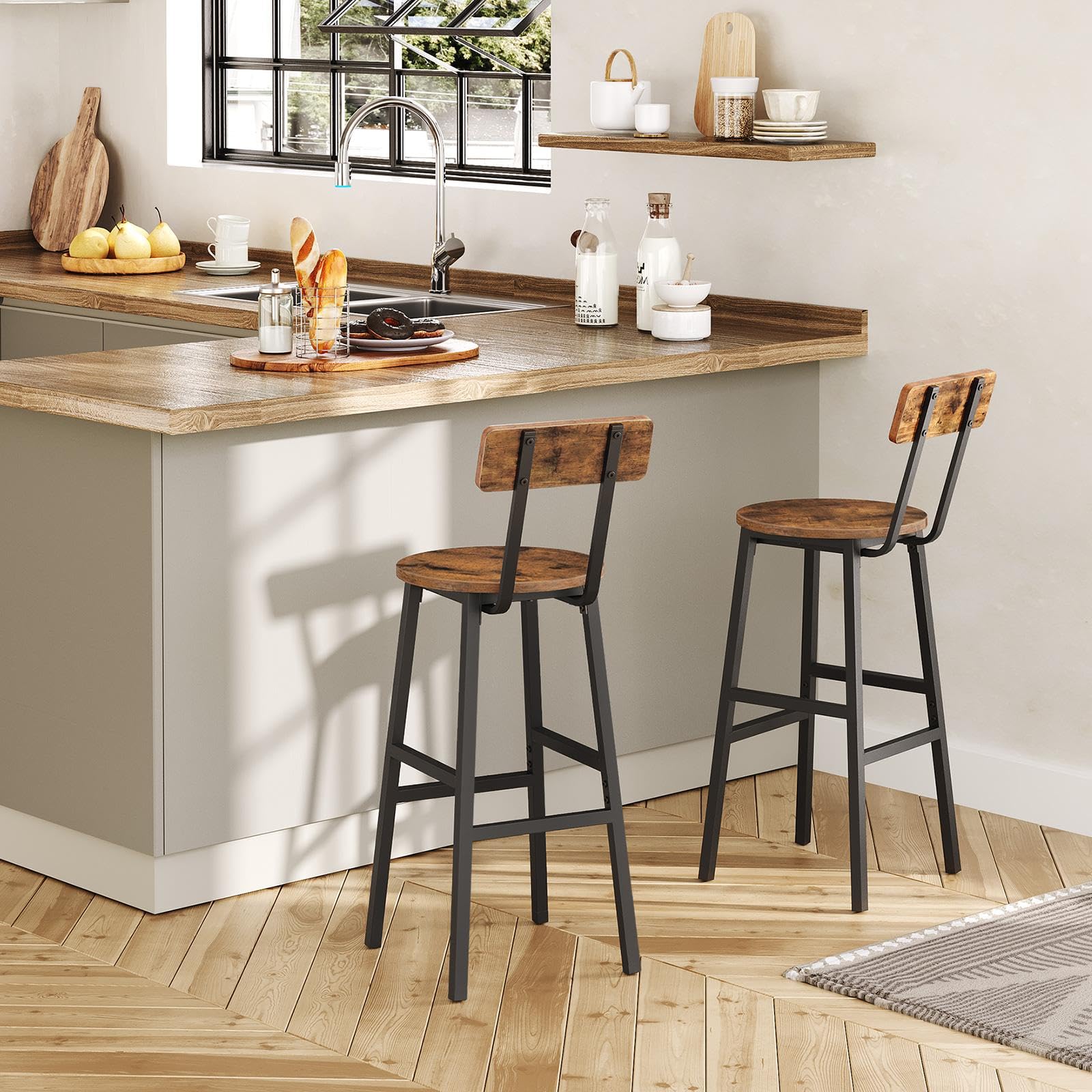 Bar Stools Set of 2, 24.4" Round Bar Chairs with Backrest & Footrest, Adjustable Feet, Rustic Brown for Kitchen, Living Room, Pub