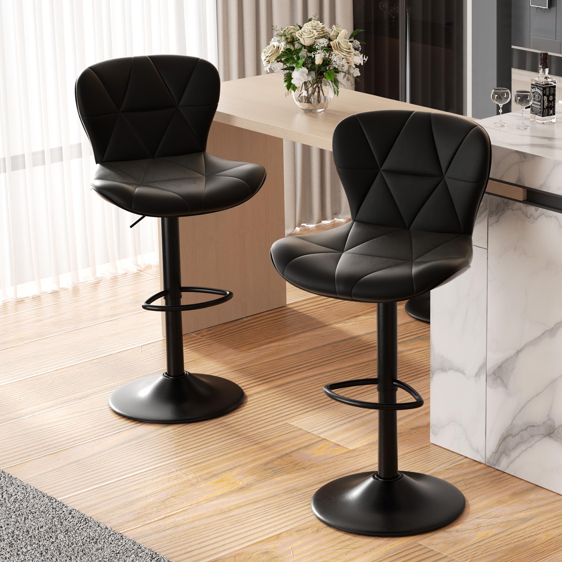 Bar Stools Set of 2, Adjustable Faux Leather Upholstered Swivel Chairs with Back, Counter Height Barstools for Kitchen, Black