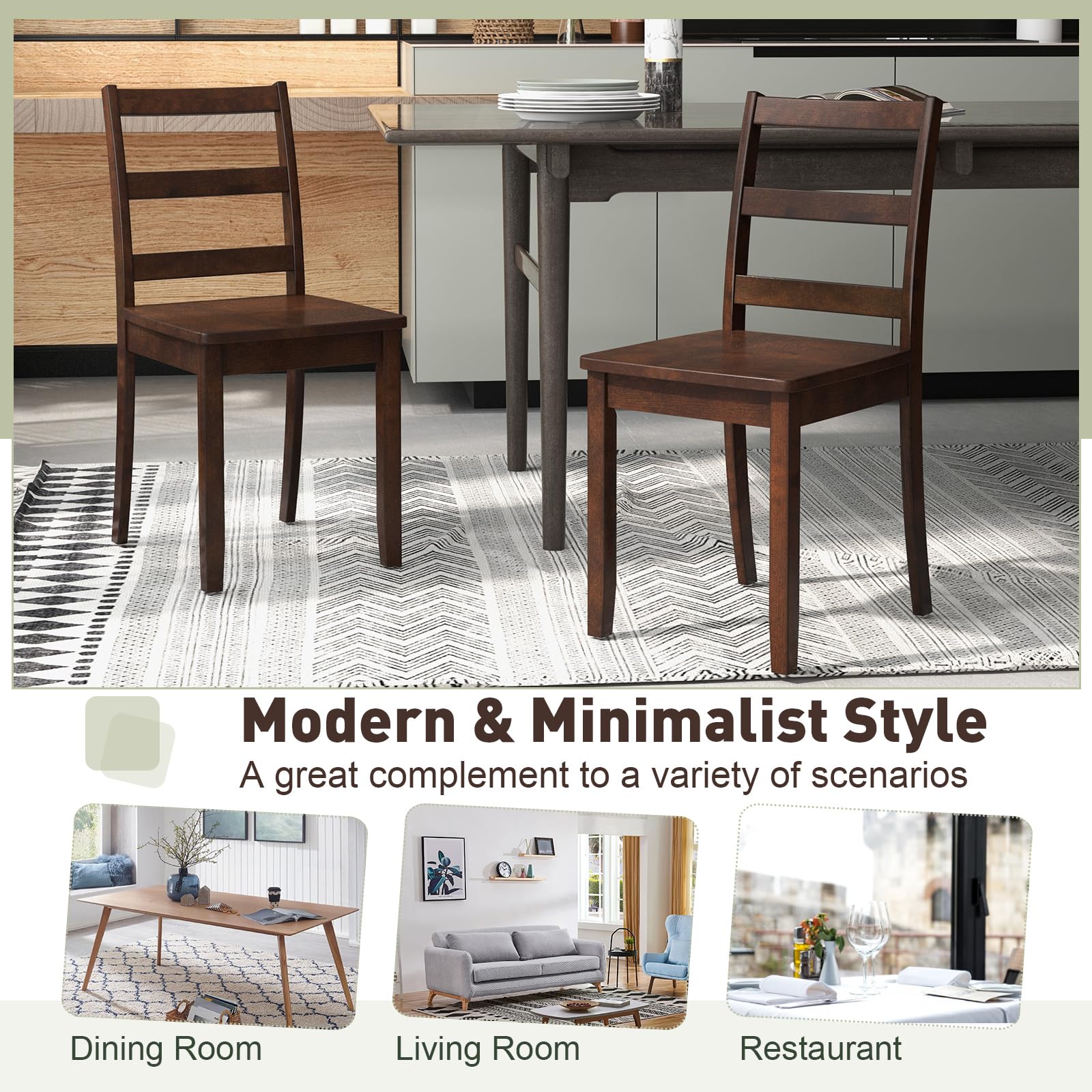 Set of 4 Walnut Wood Dining Chairs, Armless Ladder Back Kitchen Chairs with Solid Legs, 400 lb Capacity