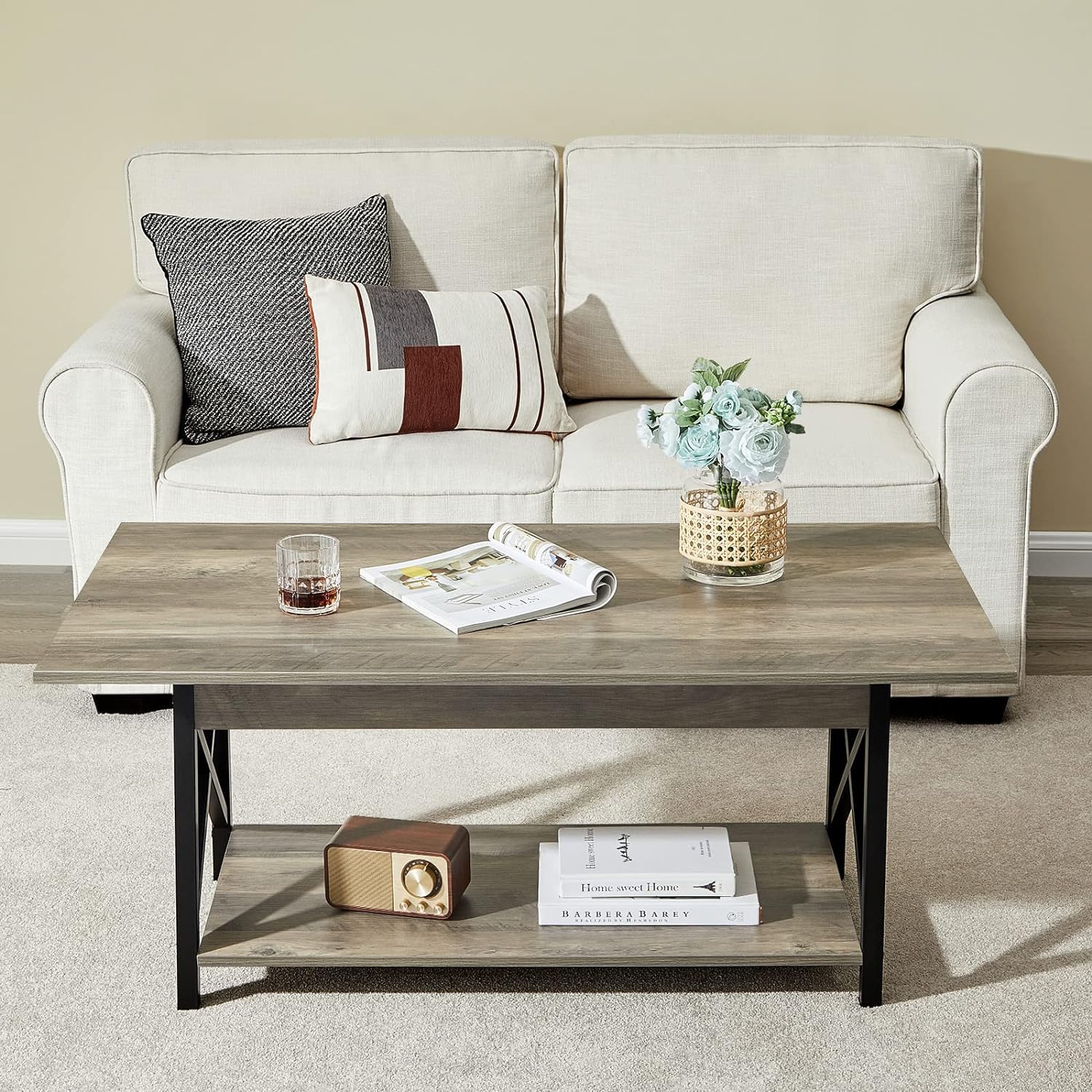 FURNIXI 39" Modern 2-Tier Coffee Table, Grey Wash X-Frame Farmhouse Living Room Table with Storage, Easy Assembly