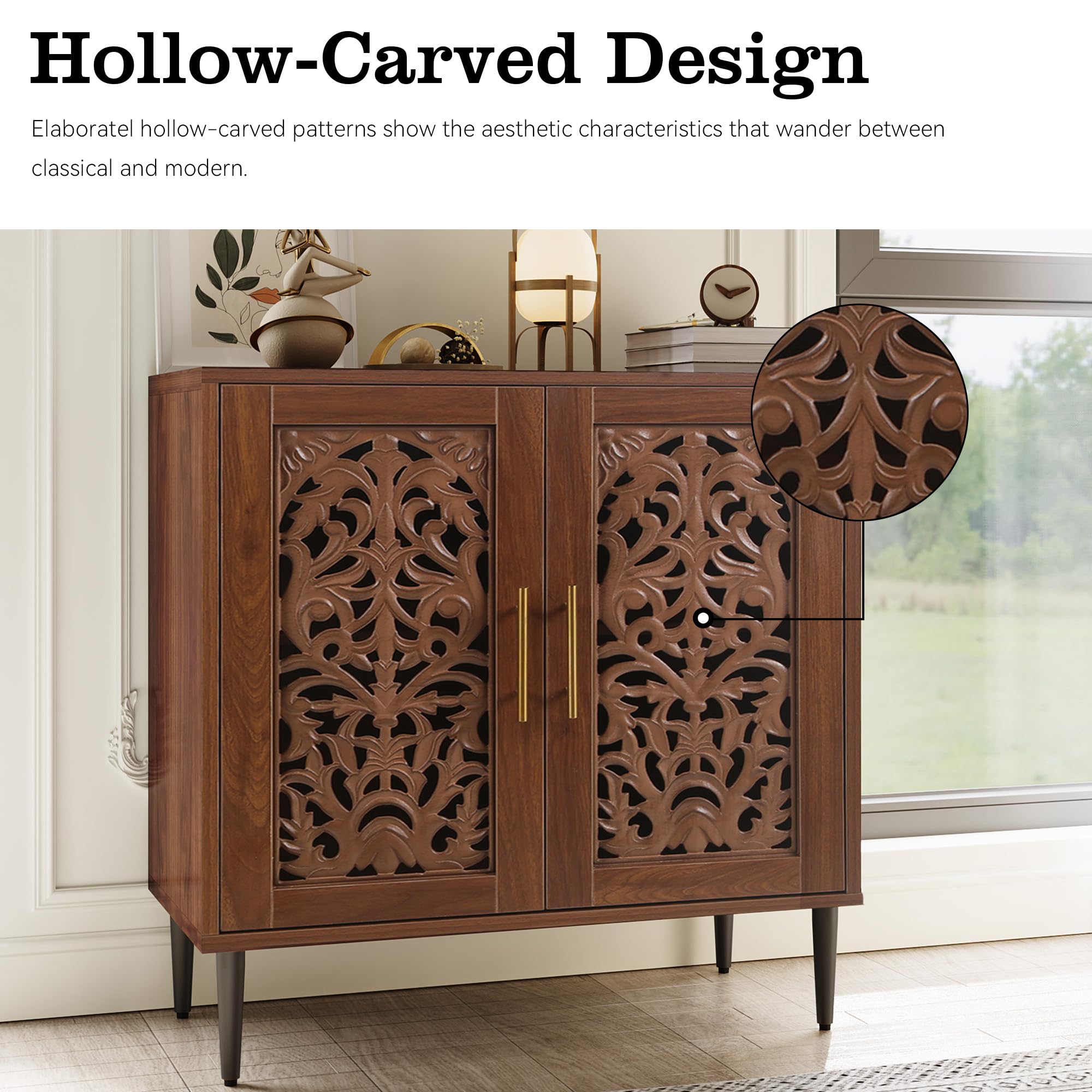 Walnut Accent Cabinet with 2 Doors, Vintage Carved Sideboard Credenza for Dining Room, Hallway, Kitchen