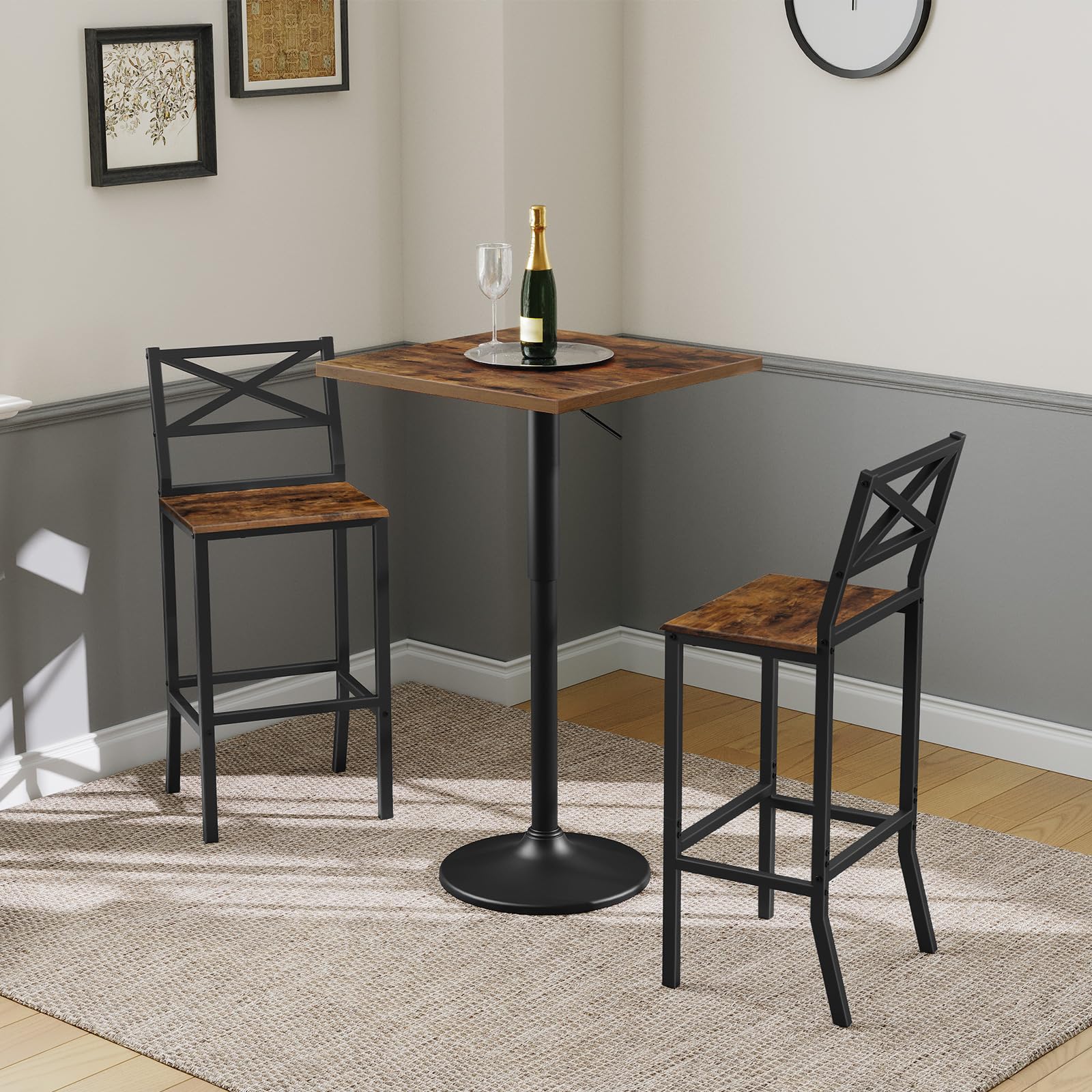 Bar Stools Set of 2, 26" Counter Height Chairs with Backrest & Footrest, Easy Assembly Kitchen Breakfast Bar Chairs, Rustic Brown