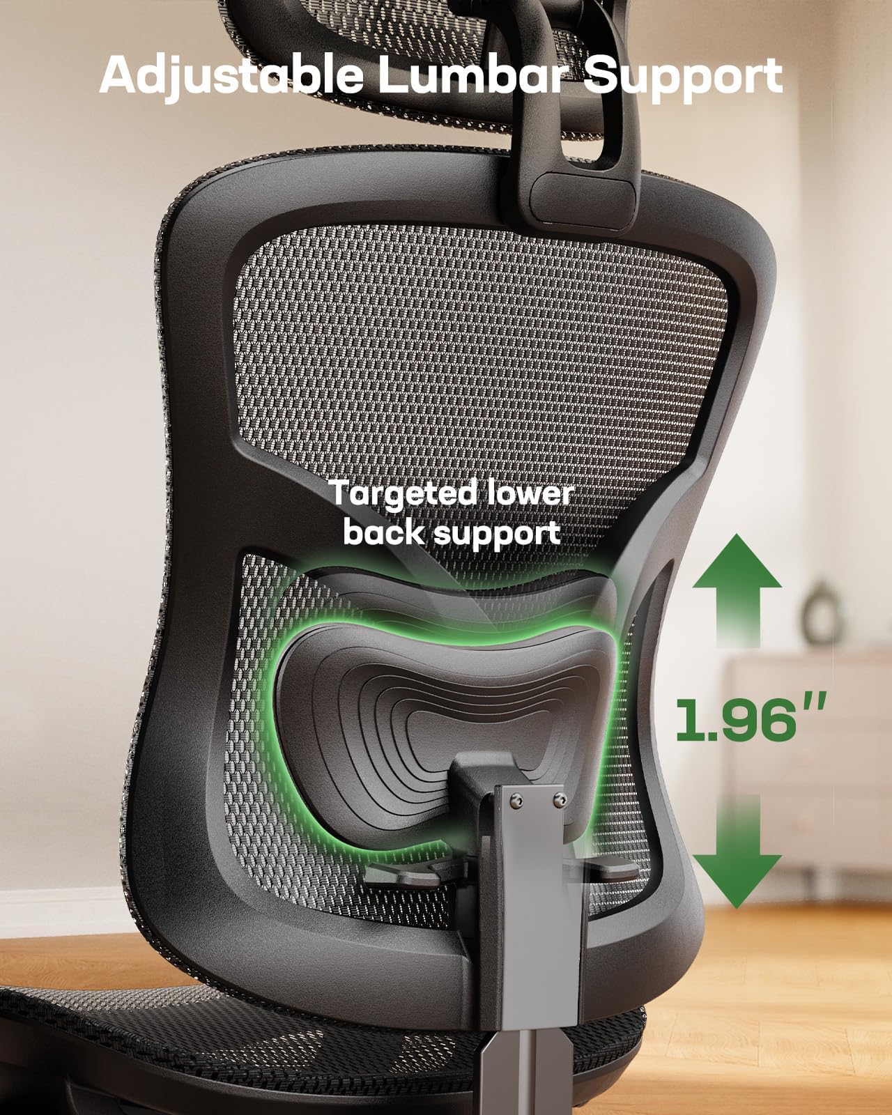 Ergonomic Mesh Desk Chair with Adjustable Lumbar Support, 2D Headrest & Armrests, Home Office Chair, Black