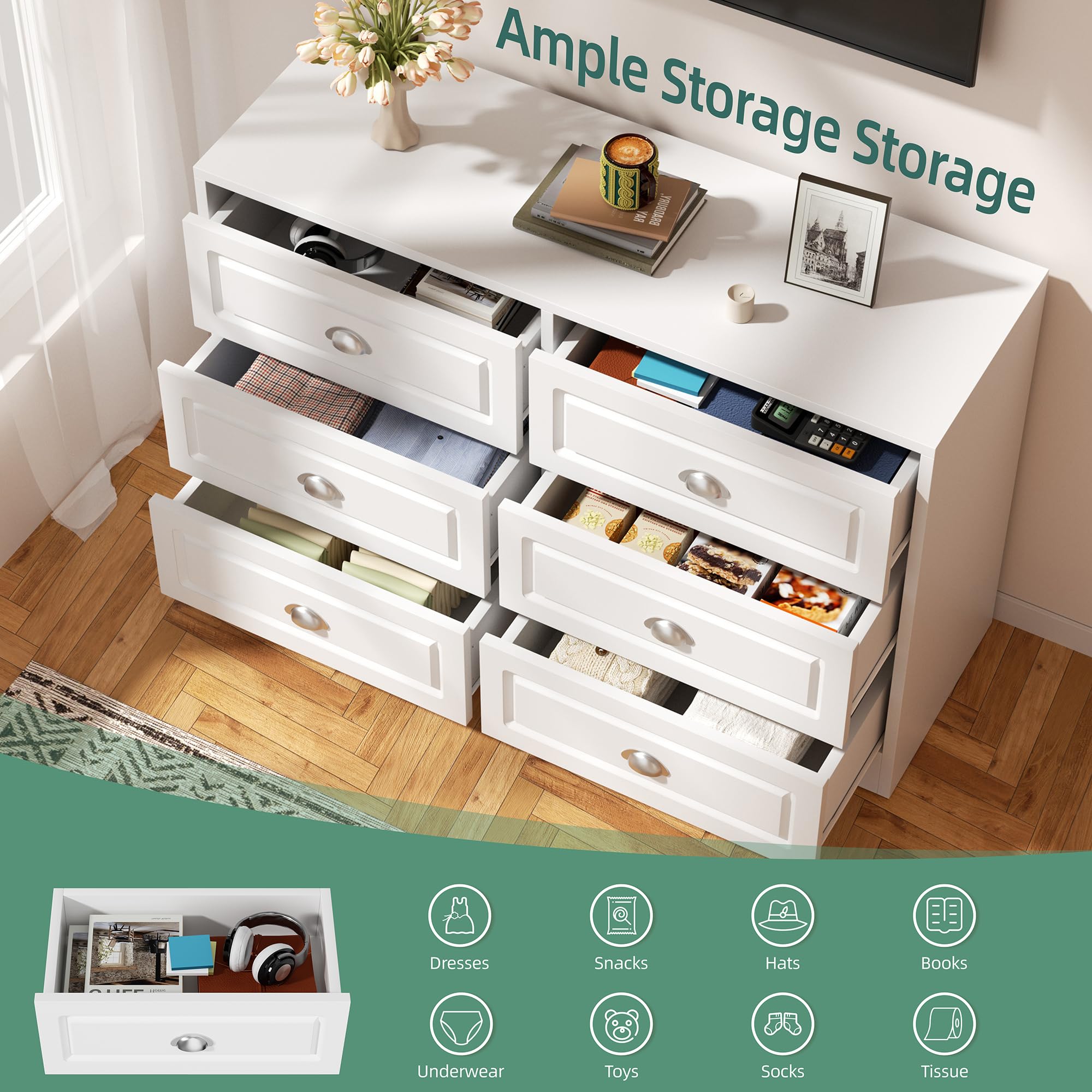 6-Drawer White Dresser – Modern Double Dresser with Metal Handles, Ideal as Bedroom Storage or Living Room TV Stand
