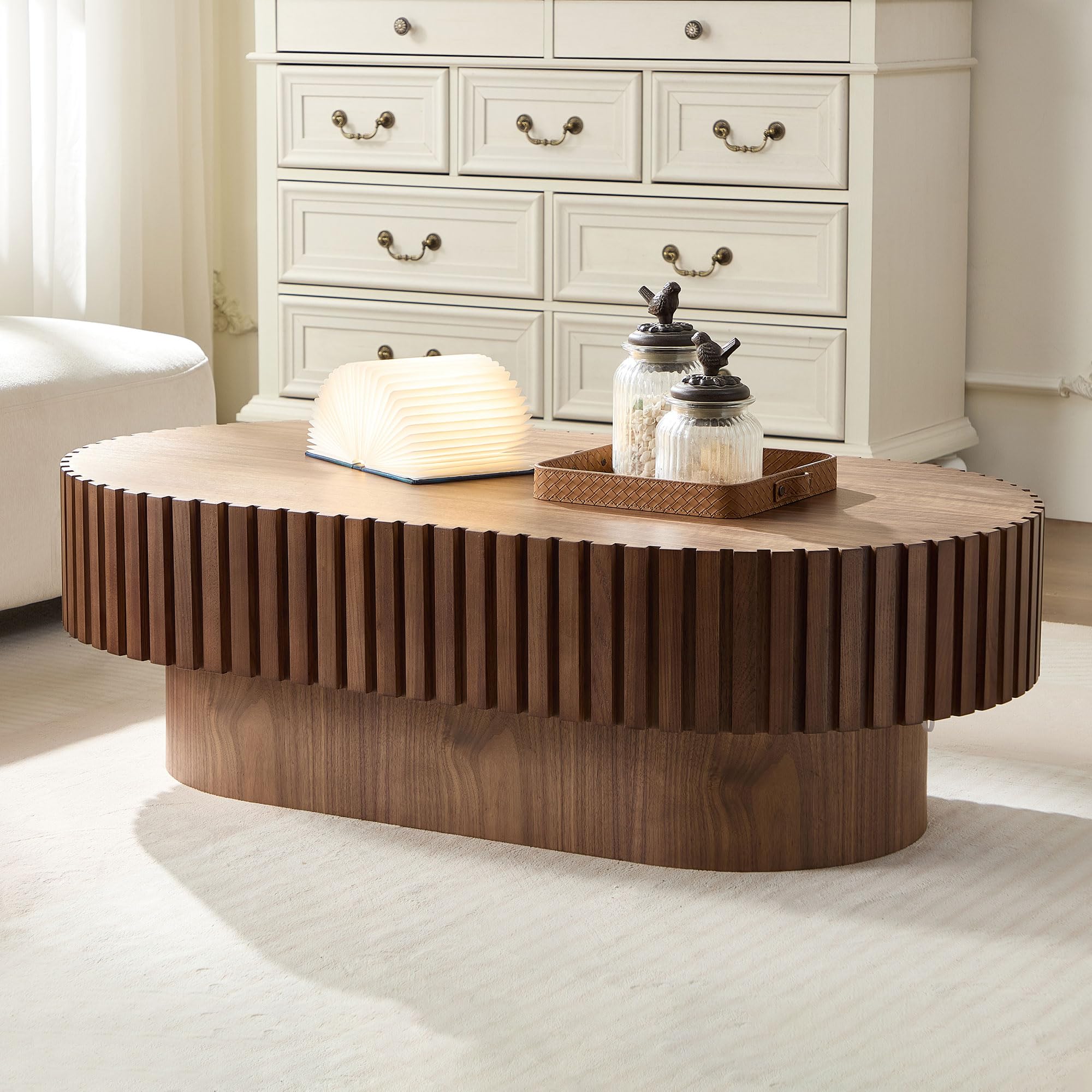 FURNIXI Oval Coffee Table for Living Room, 43.7" Fluted Pedestal Centre Table, Handcrafted Modern Tea Table in Walnut Finish