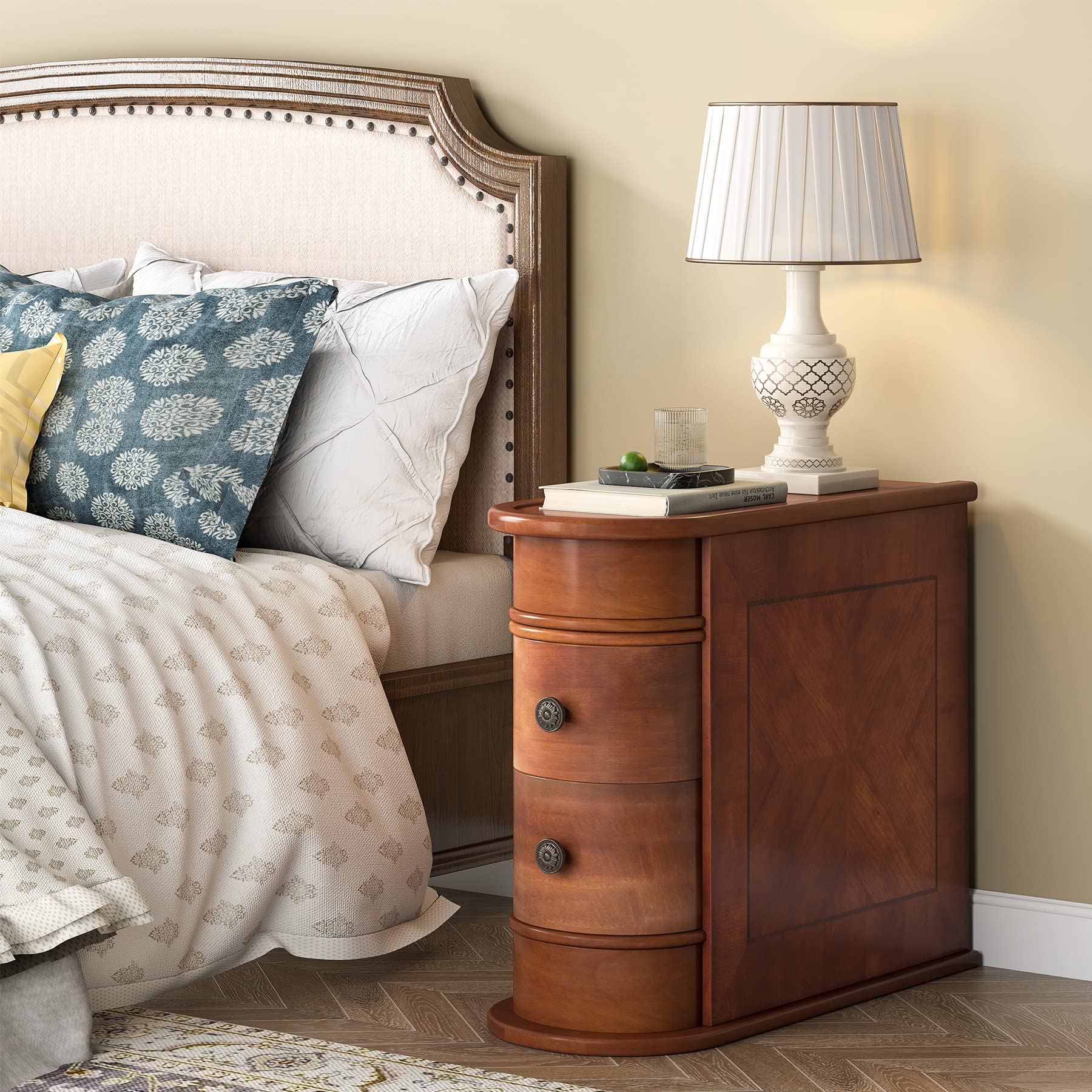 Vintage Wood End Table with 2 Drawers, No Assembly Slim Nightstand for Bedroom or Sofa Side Table