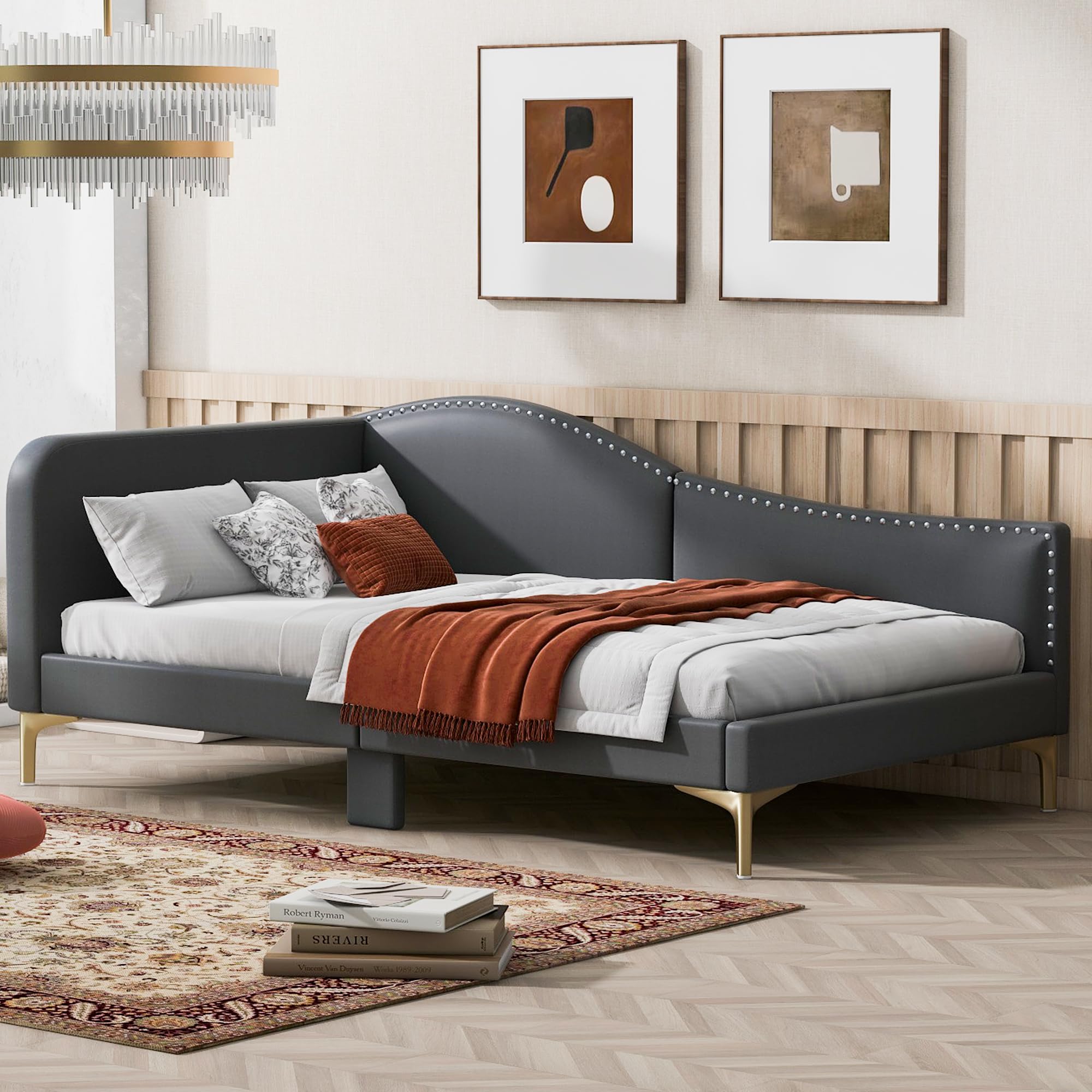Twin Upholstered Daybed – Grey Bed Frame with Armrest & Headboard, Strong Support, No Box Spring Needed