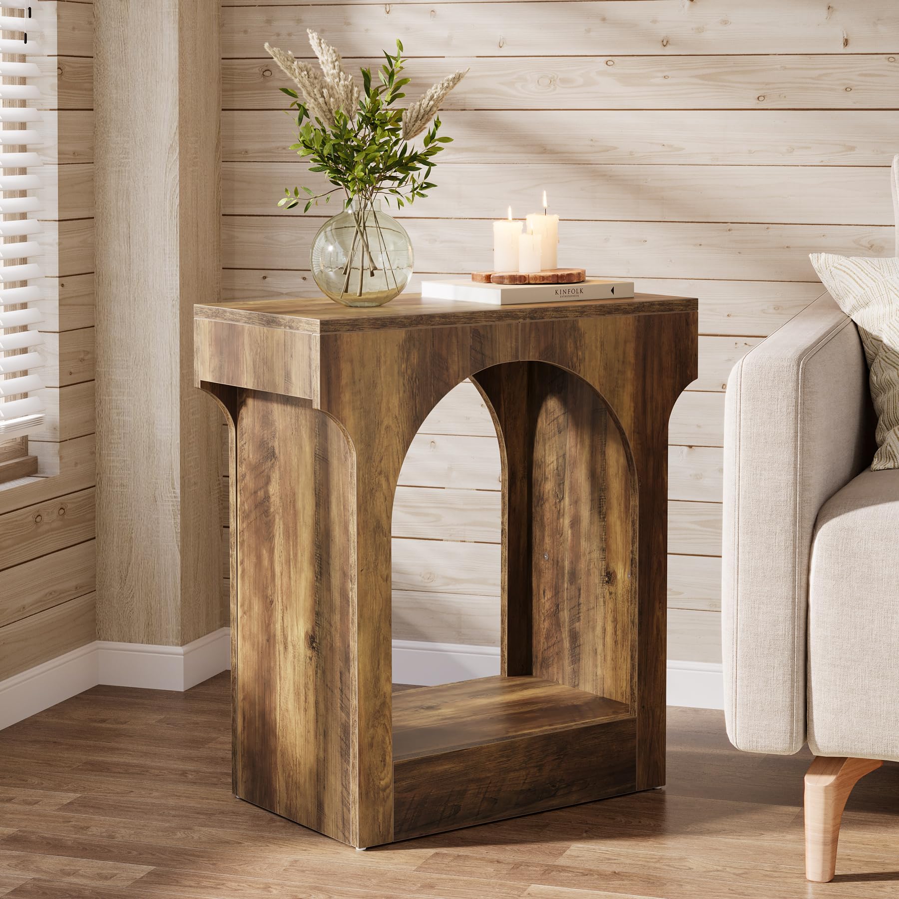 Rustic Brown Wood End Table Set of 2, Narrow Side Tables with Storage Space for Bedroom or Living Room