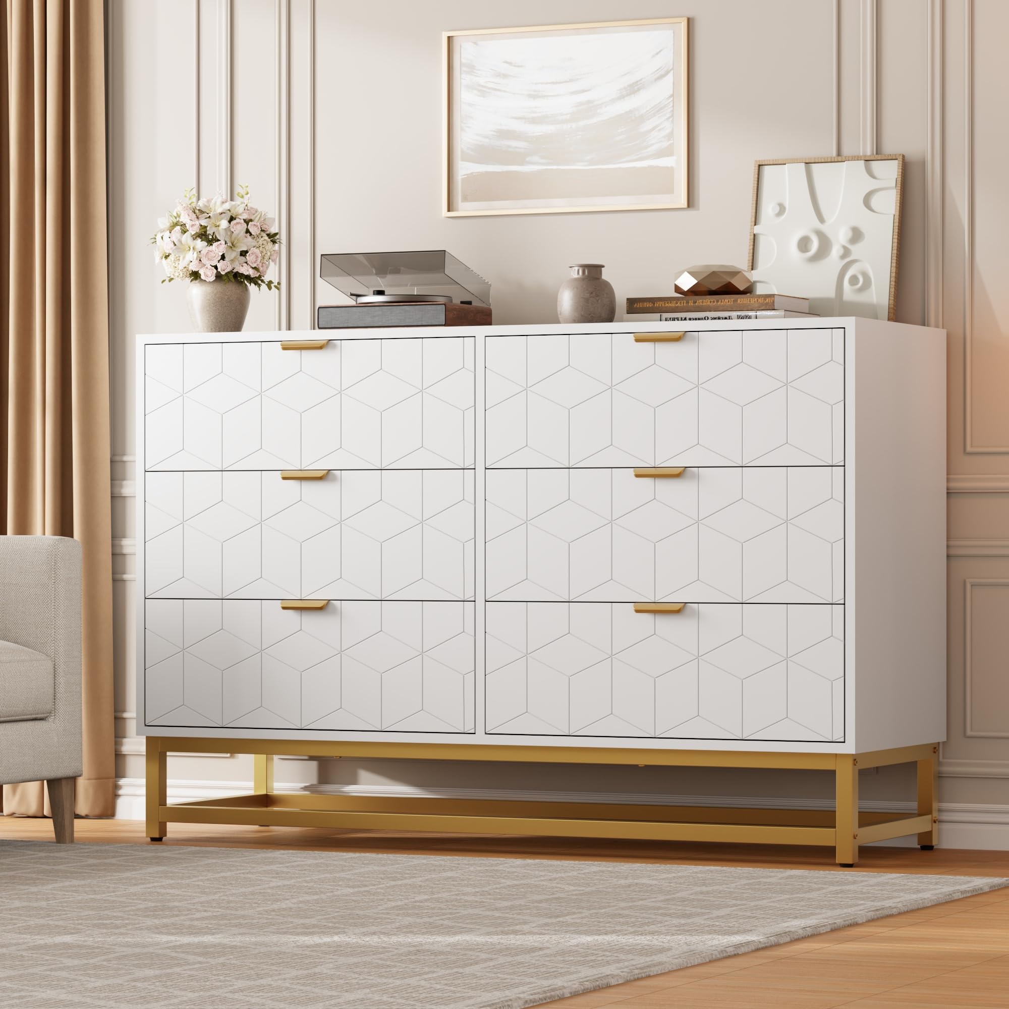 White 6-Drawer Dresser – Modern Double Chest with Gold Handles, Long Organizer for Living Room, Closet or Entryway