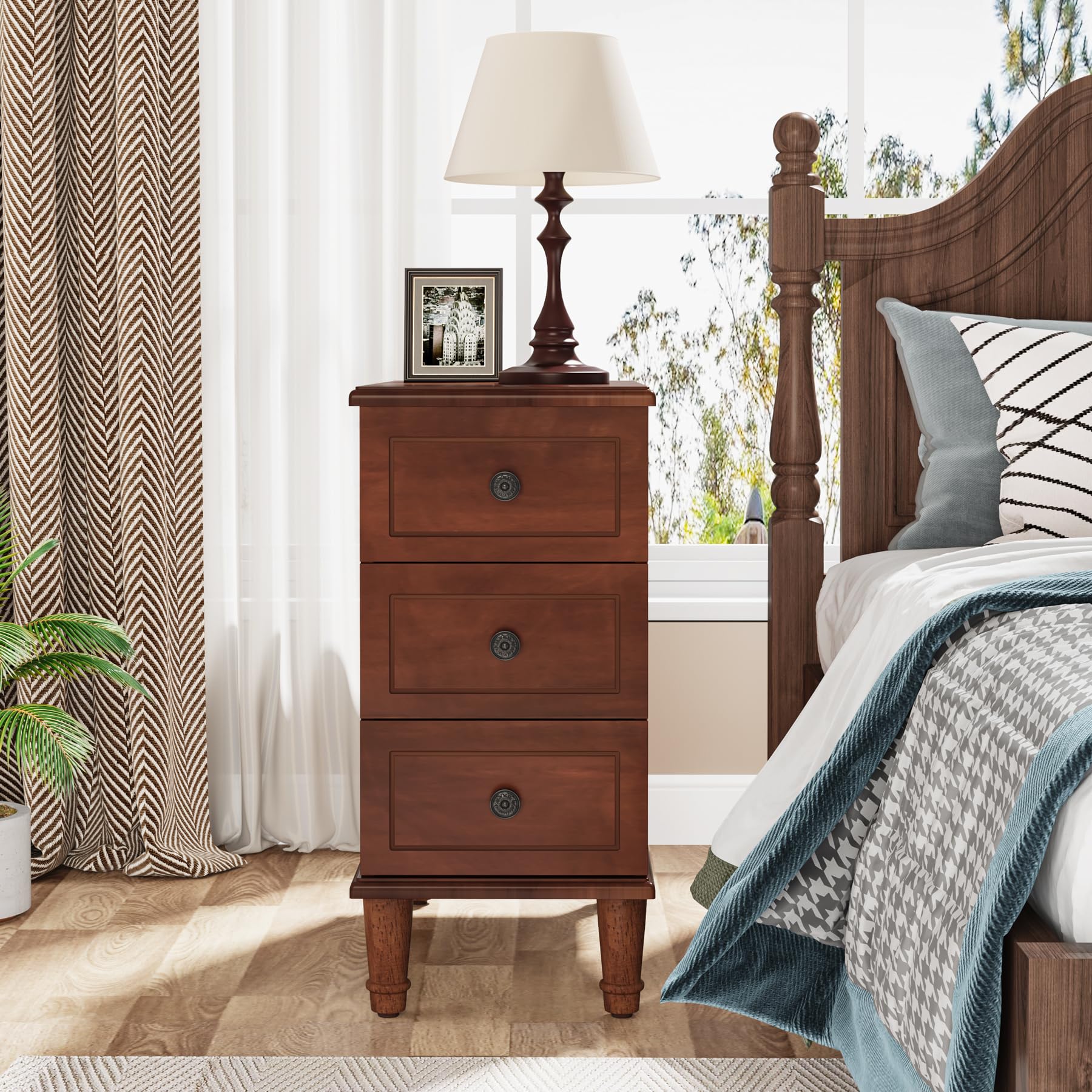 Solid Wood Narrow End Table with Drawers, Pre-Assembled Slim Side Table for Small Living Spaces