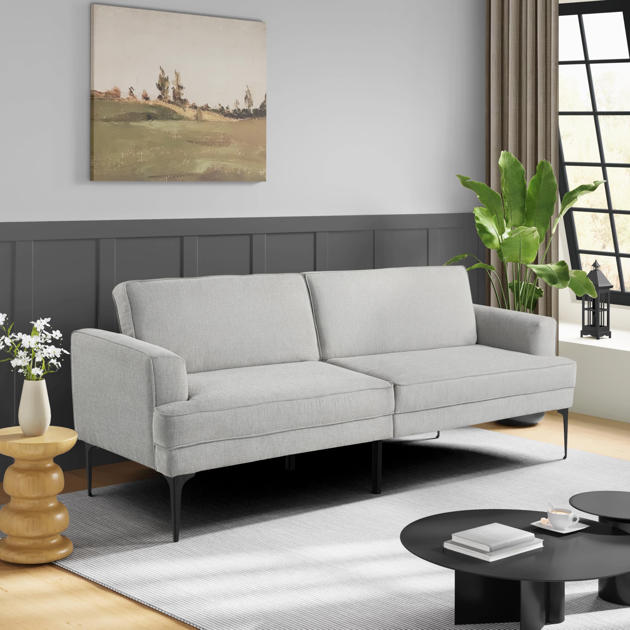 Paulsen 83.1" Convertible Futon Sofa with Dreamcoil Comfort, Woven Fabric Upholstery, Light Gray