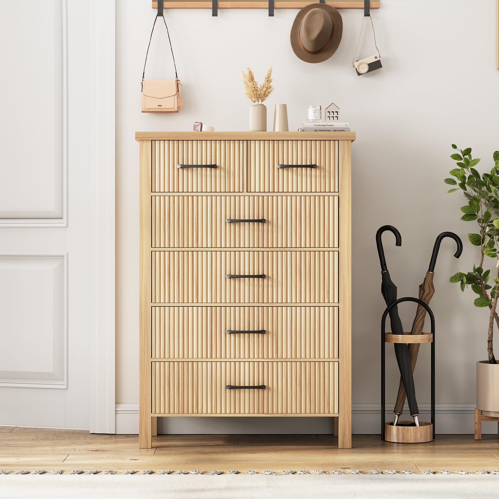 Fluted 6 Drawer Boho Dresser, Tall Wooden Chest for Bedroom Storage with Metal Handles, Natural Oak Finish