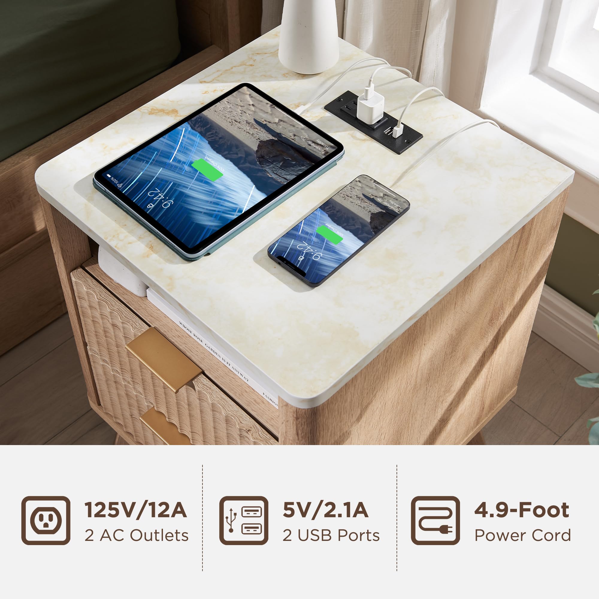 Modern Oak Fluted Nightstand Set of 2 with Faux Marble Top, 2-Drawer End Tables with Charging Station