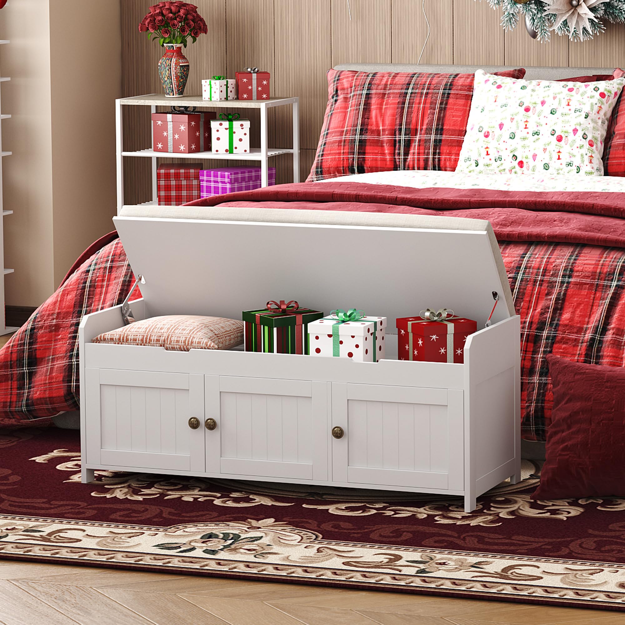 41.3" Entryway Shoe Bench with Cushioned Lift-Top Storage, Wooden Bed Bench Cabinet, White Finish