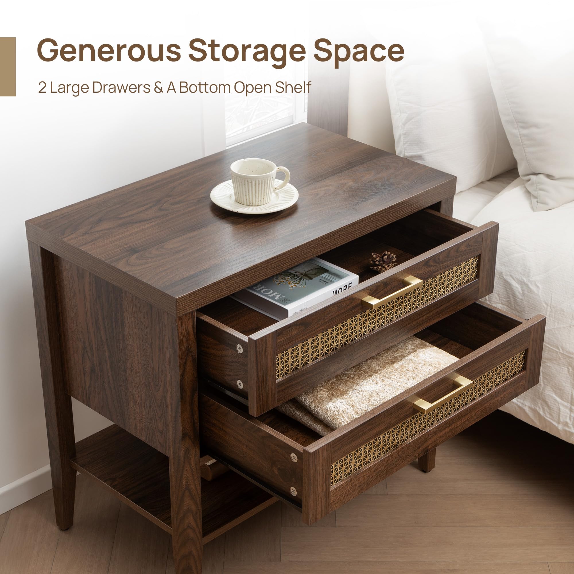 Set of 2 Large Nightstands with Drawers & Shelf, 25.7" Tall Mid-Century Bedside Tables for Bedroom, Walnut