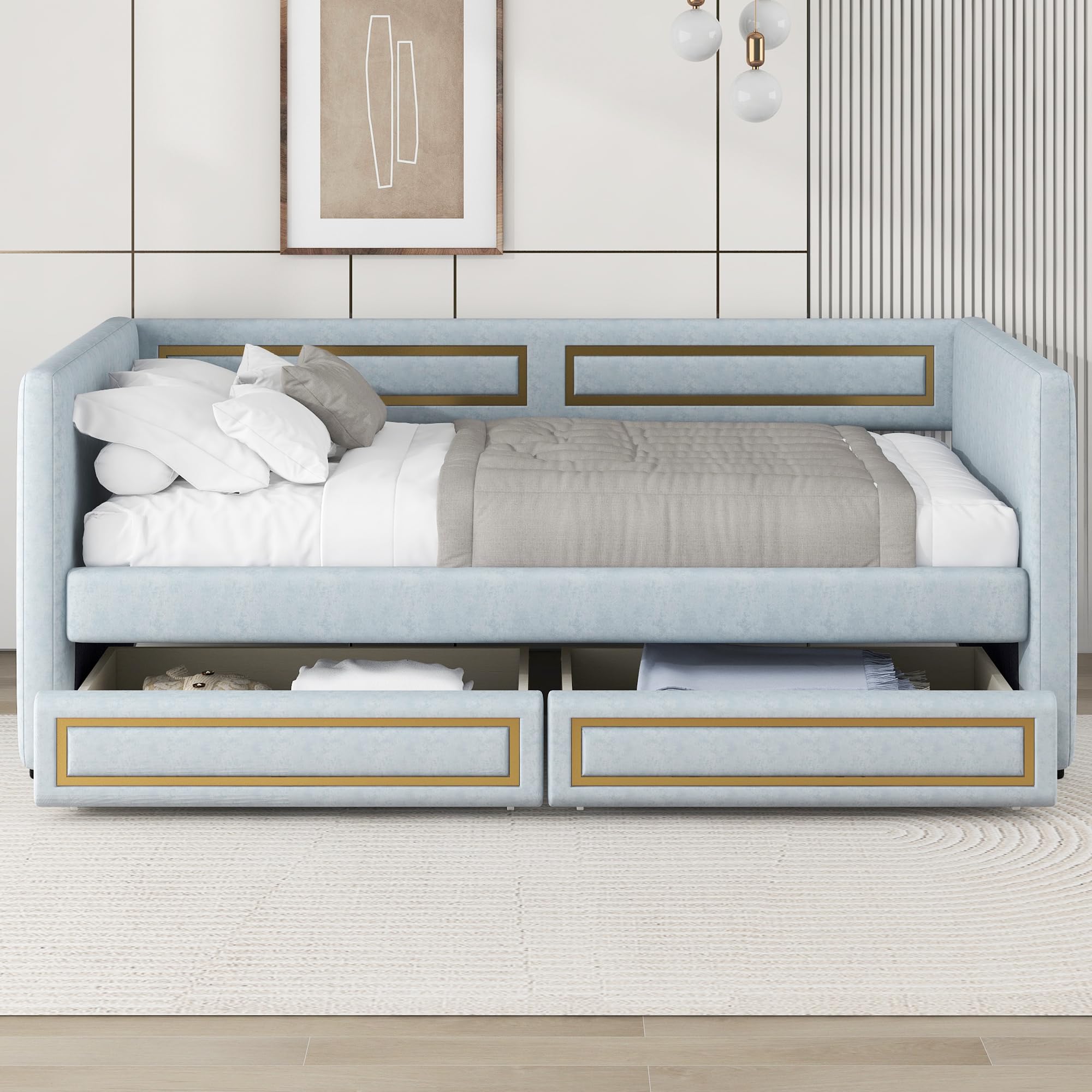 Upholstered Twin Daybed – Blue Trundle Bed with Metal Border, Storage Drawers, Wood Slats, No Box Spring Needed