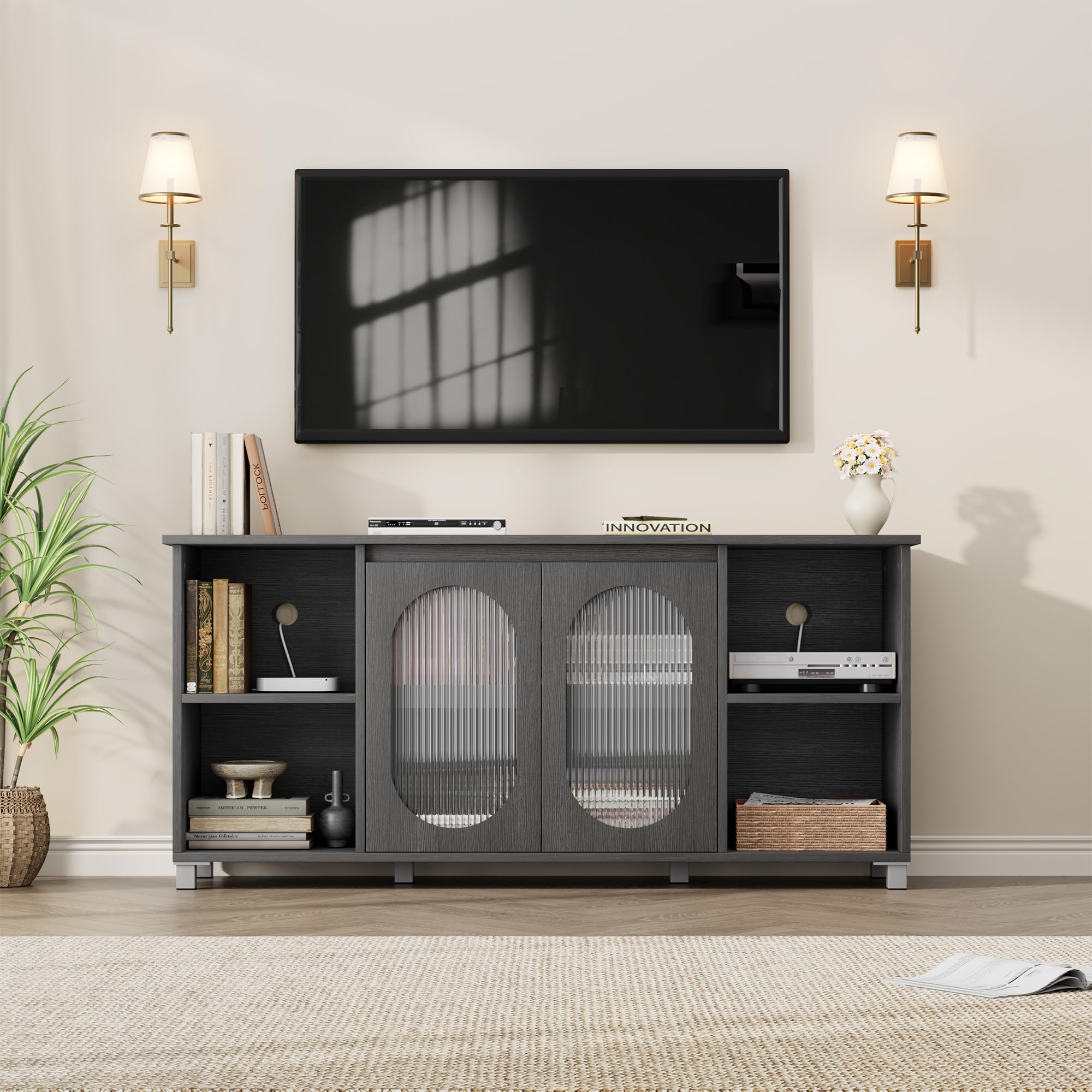 70 Inch Rustic TV Stand – Black Entertainment Center with Corrugated Glass Doors & Open Shelves for Living Room