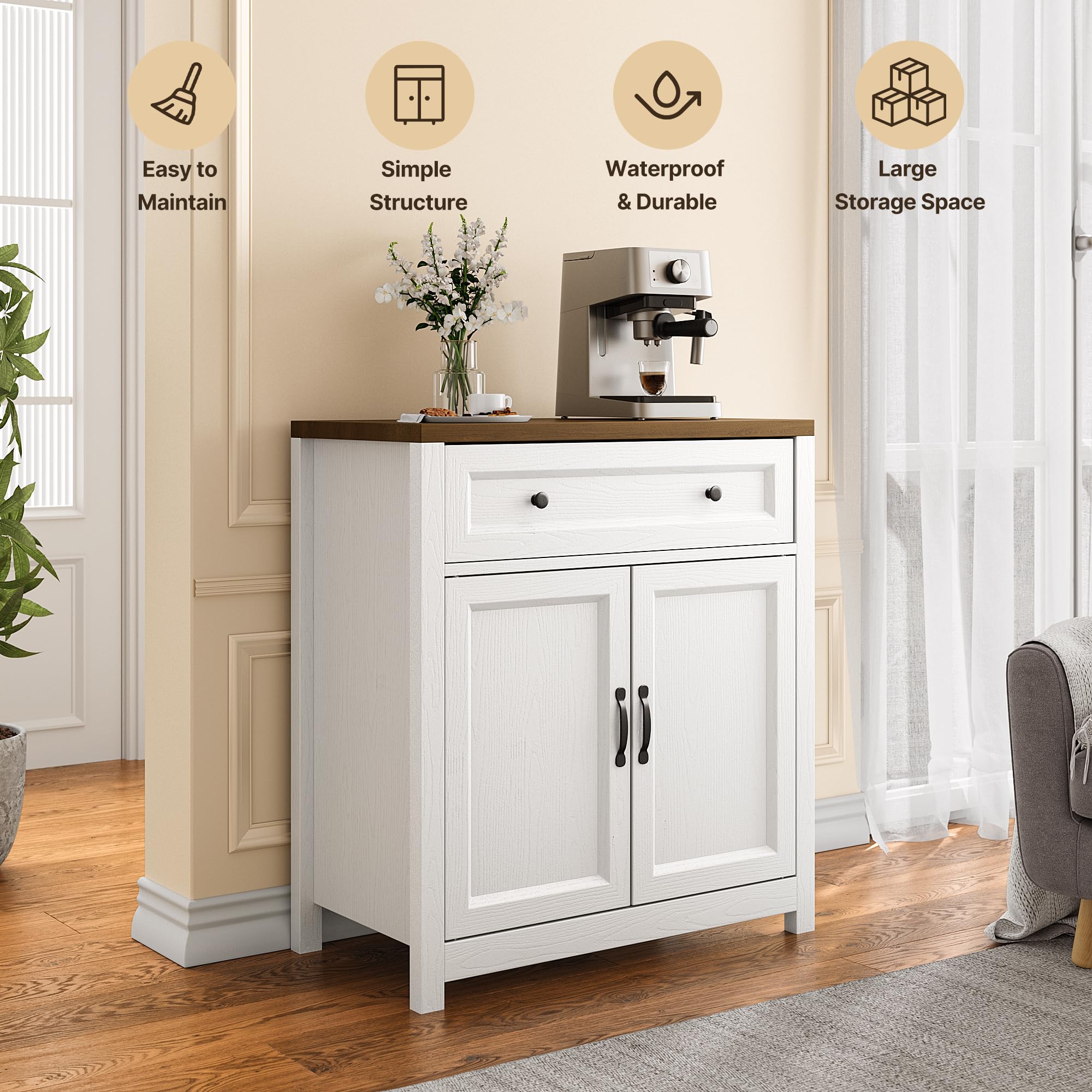 Kitchen Storage Cabinet with Adjustable Shelf, Farmhouse Coffee Bar with Drawer & Barn Door, 30" Wide, Freestanding Design