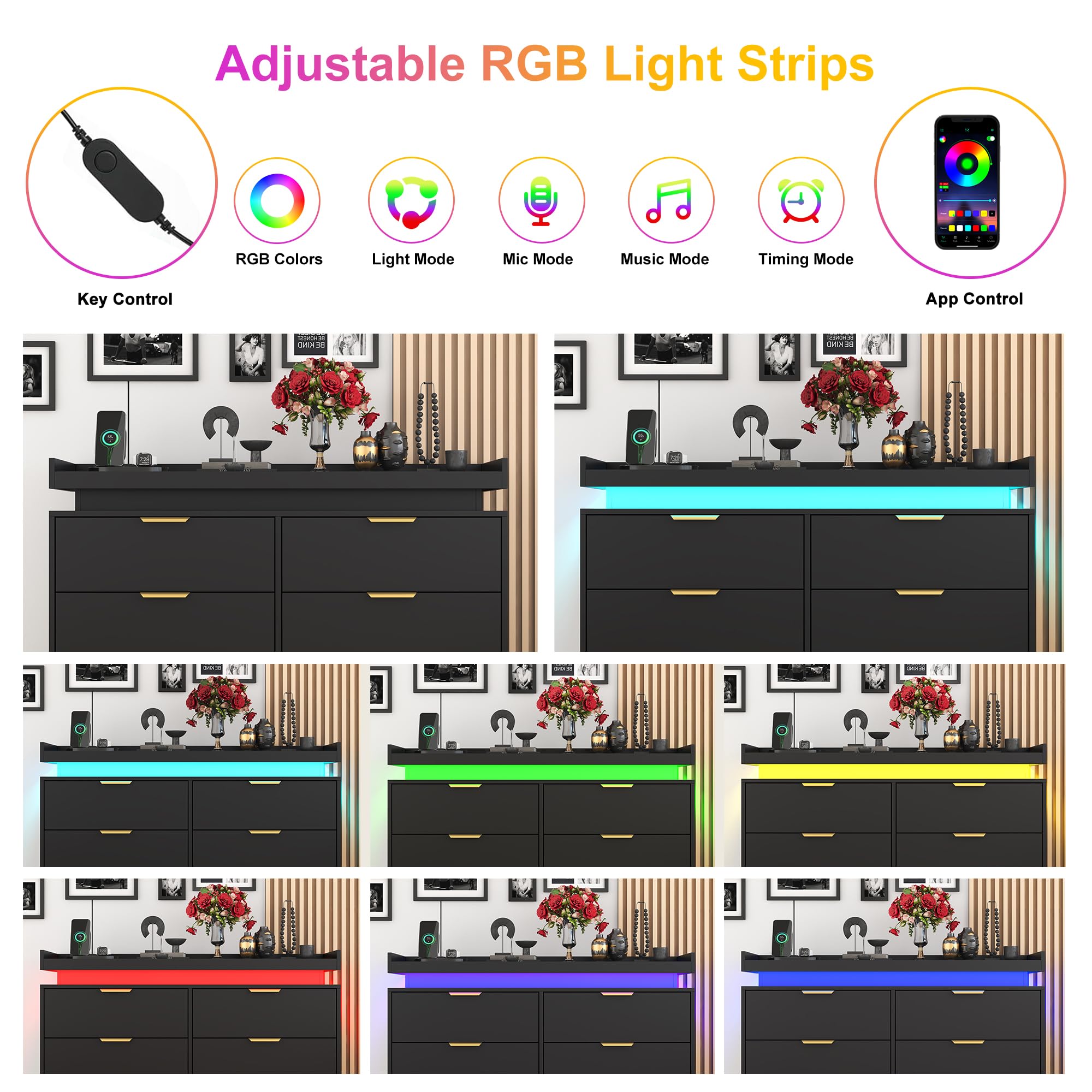 6-Drawer Black Dresser – LED Lights & Power Outlet, Modern Wide Storage Organizer for Bedroom, Entryway or Closet
