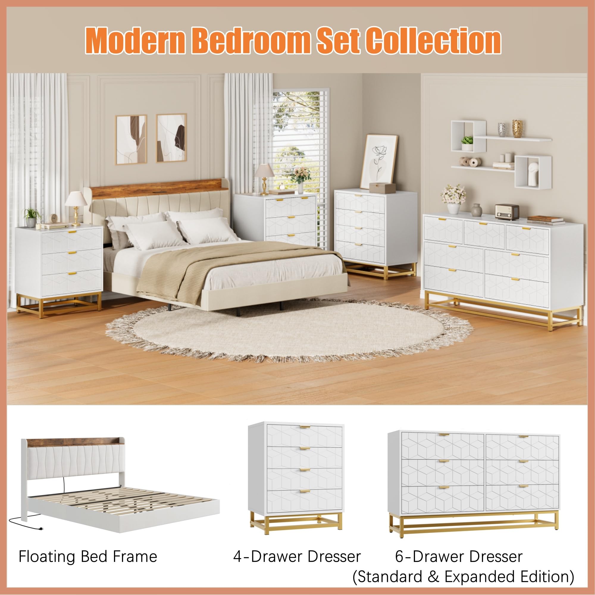 White 6-Drawer Dresser – Modern Double Chest with Gold Handles, Long Organizer for Living Room, Closet or Entryway