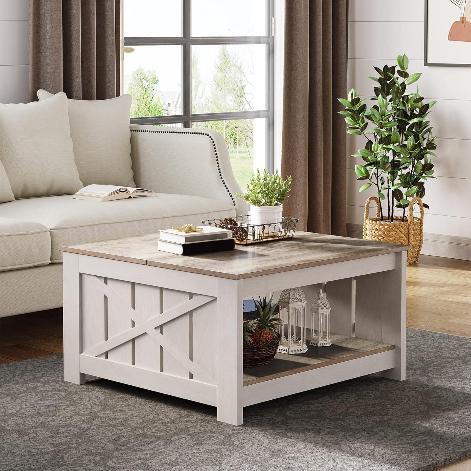 Farmhouse Square Coffee Table with Half Open Storage, Rustic Grey Wash Wood Living Room or Meeting Table