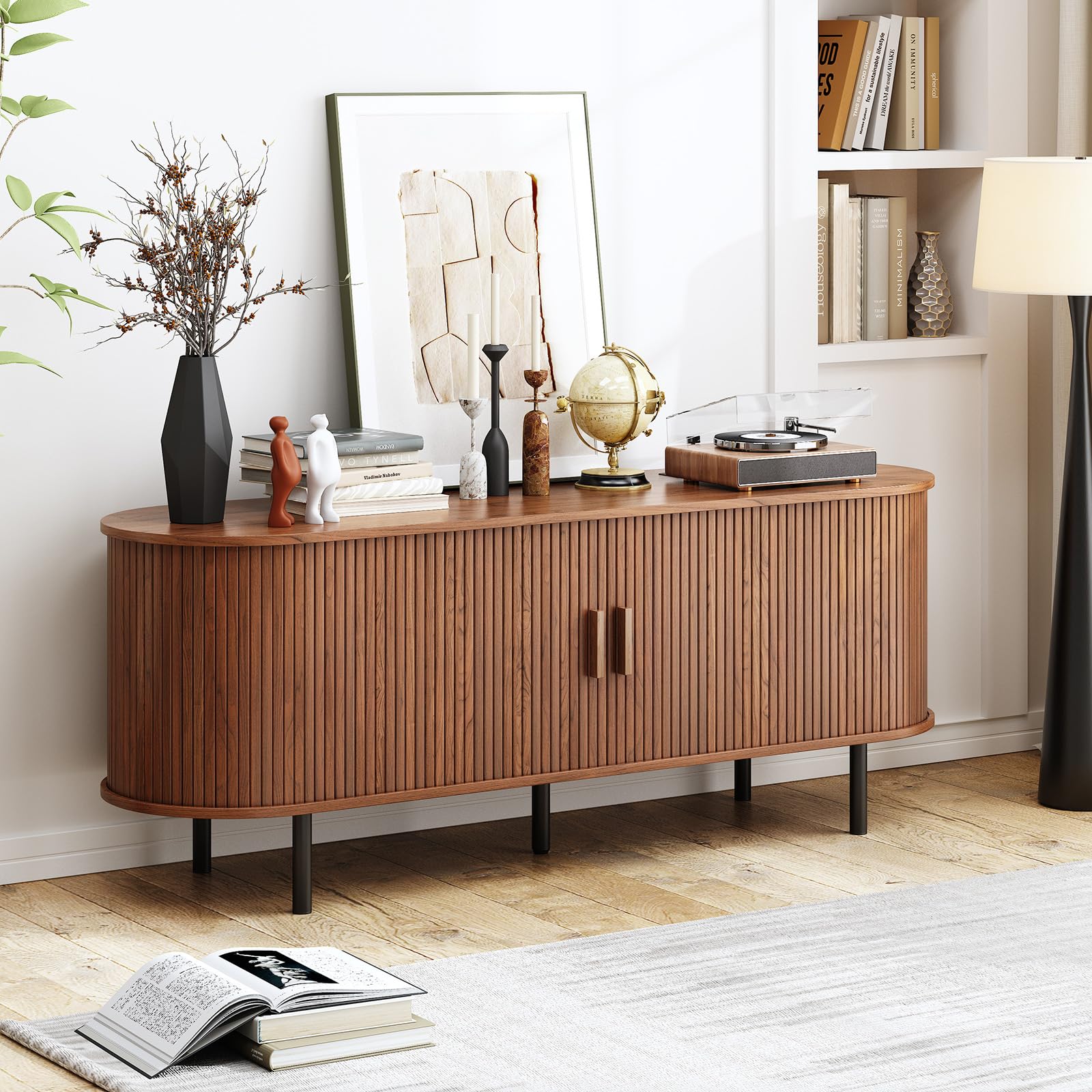 60" TV Stand with Power Outlet – Mid-Century Modern Entertainment Console with Sliding Doors & Adjustable Shelves, Walnut