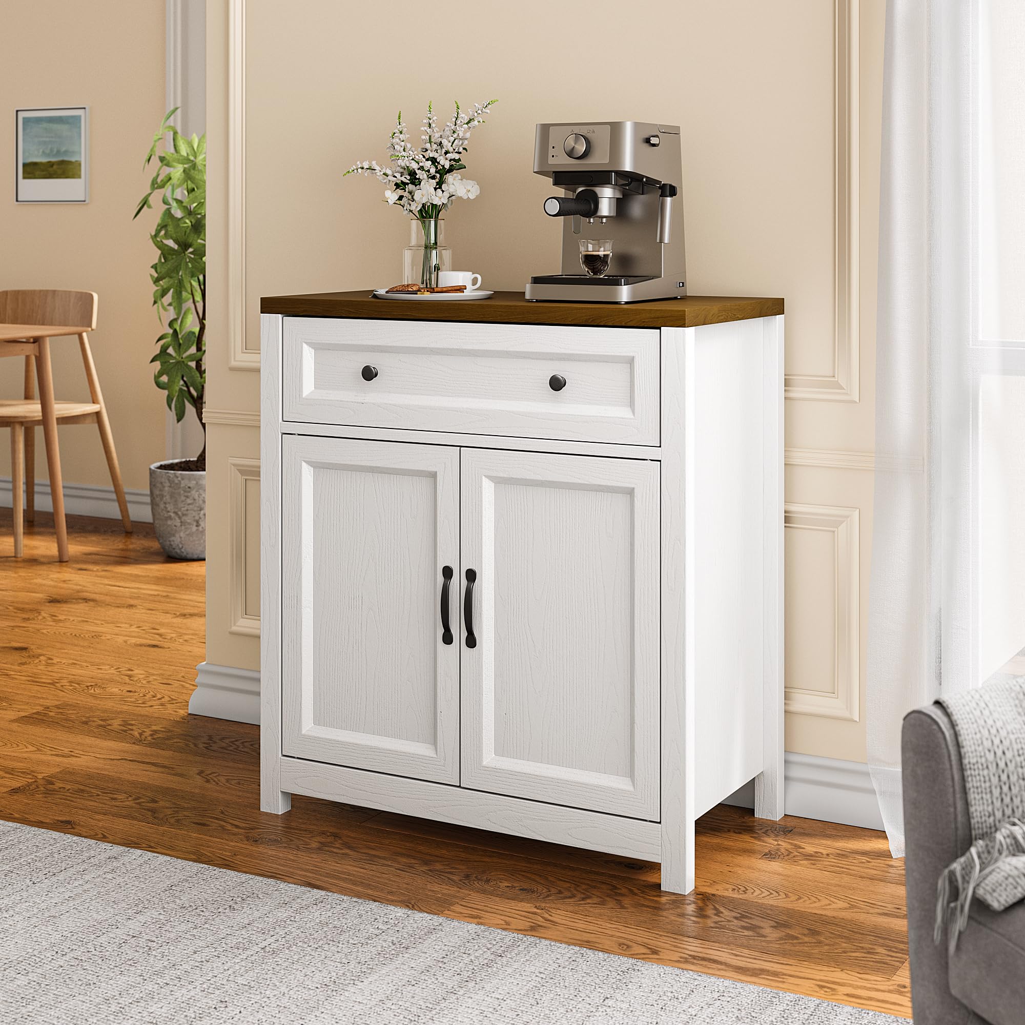 Kitchen Storage Cabinet with Adjustable Shelf, Farmhouse Coffee Bar with Drawer & Barn Door, 30" Wide, Freestanding Design