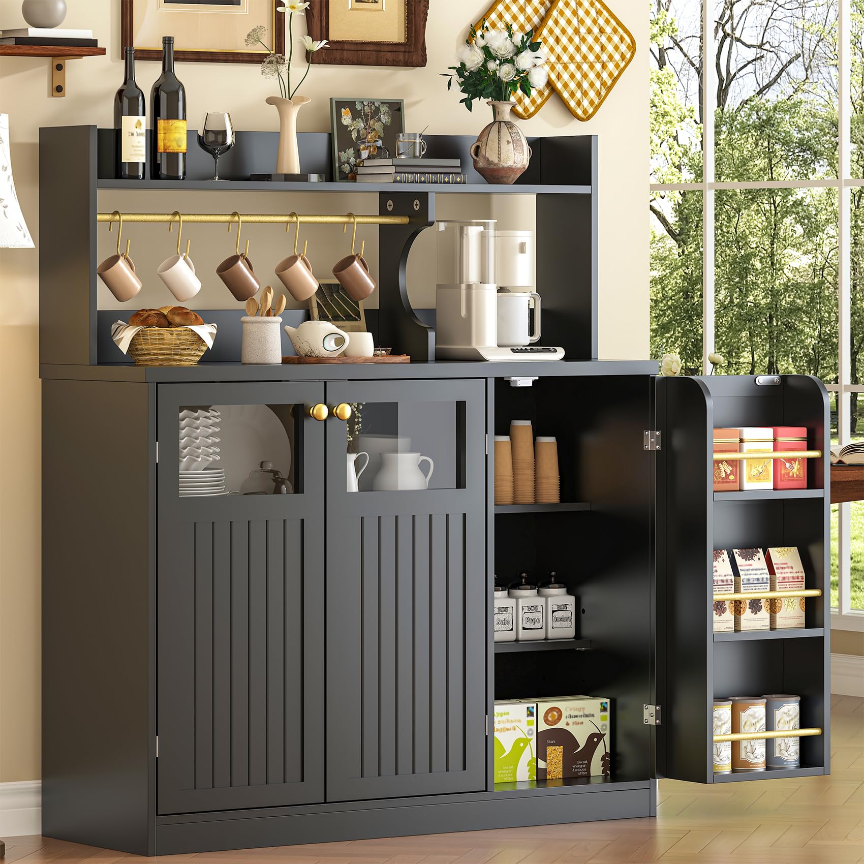 48'' Tall Sideboard Cabinet with 3 Doors & 5-Tier Shelf, Black Coffee Bar Buffet Storage Cabinet with Hooks for Dining