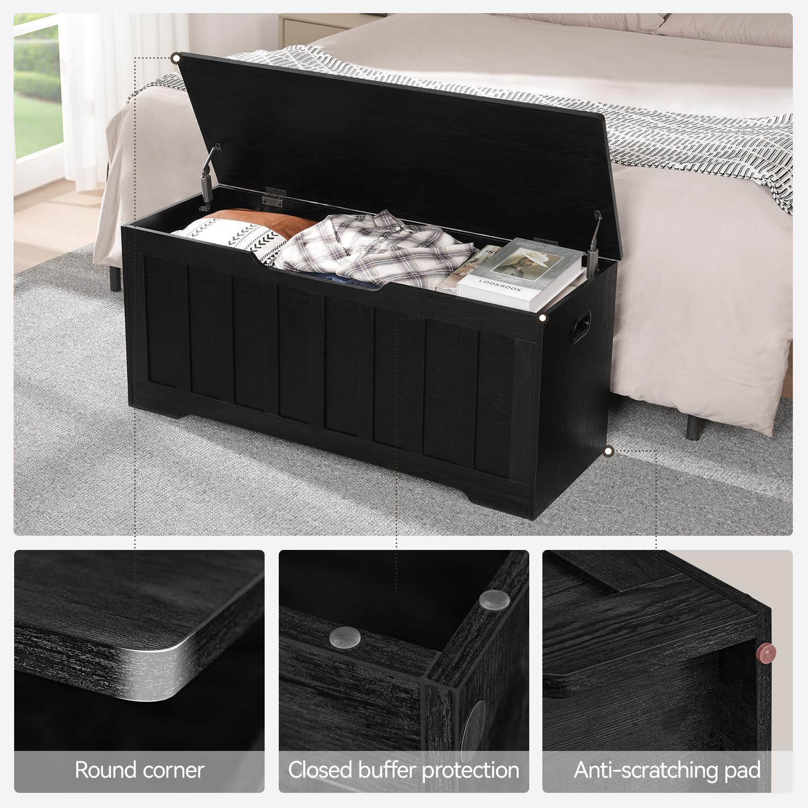 43.3" Extra Large Storage Chest, Black Wooden Bench Trunk with Hinges for Bedroom, Entryway, or Living Room