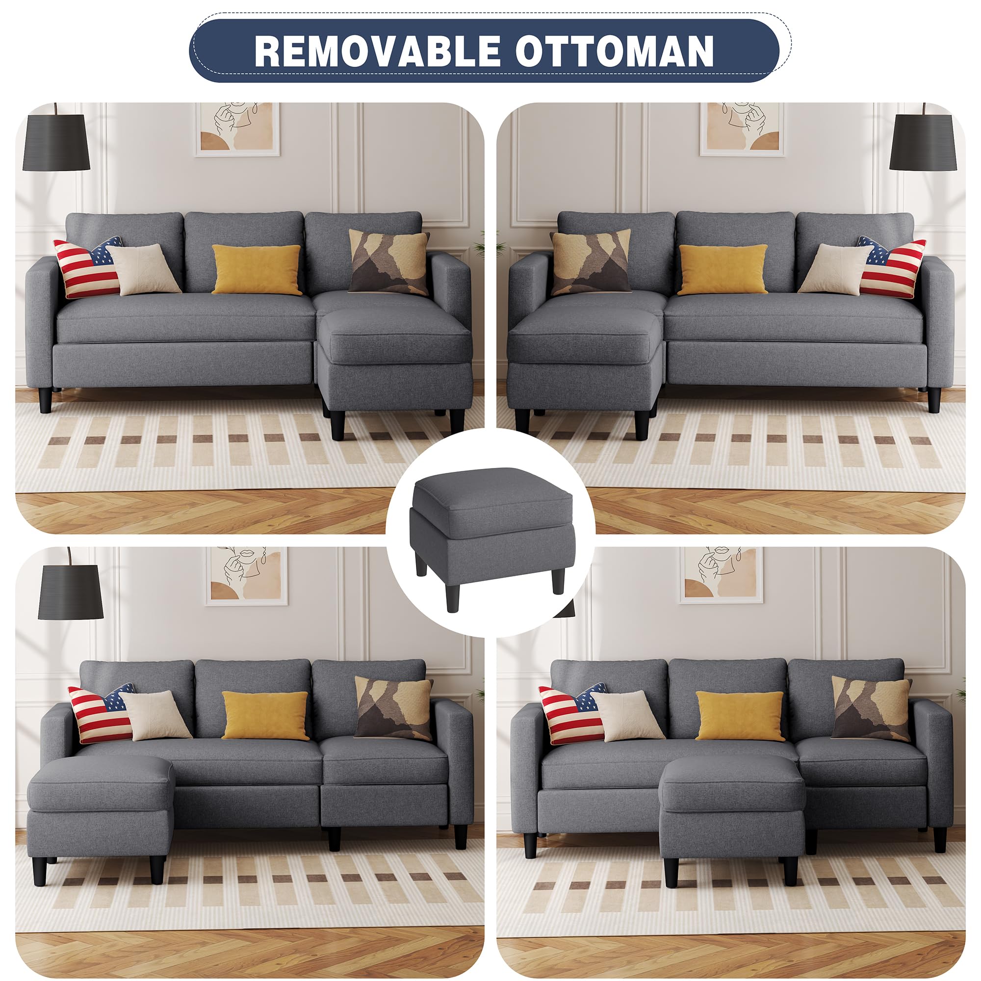 Small Dark Grey Sectional Sofa with Ottoman, Fabric Upholstered 3-Seater Convertible Couch for Apartment, Office