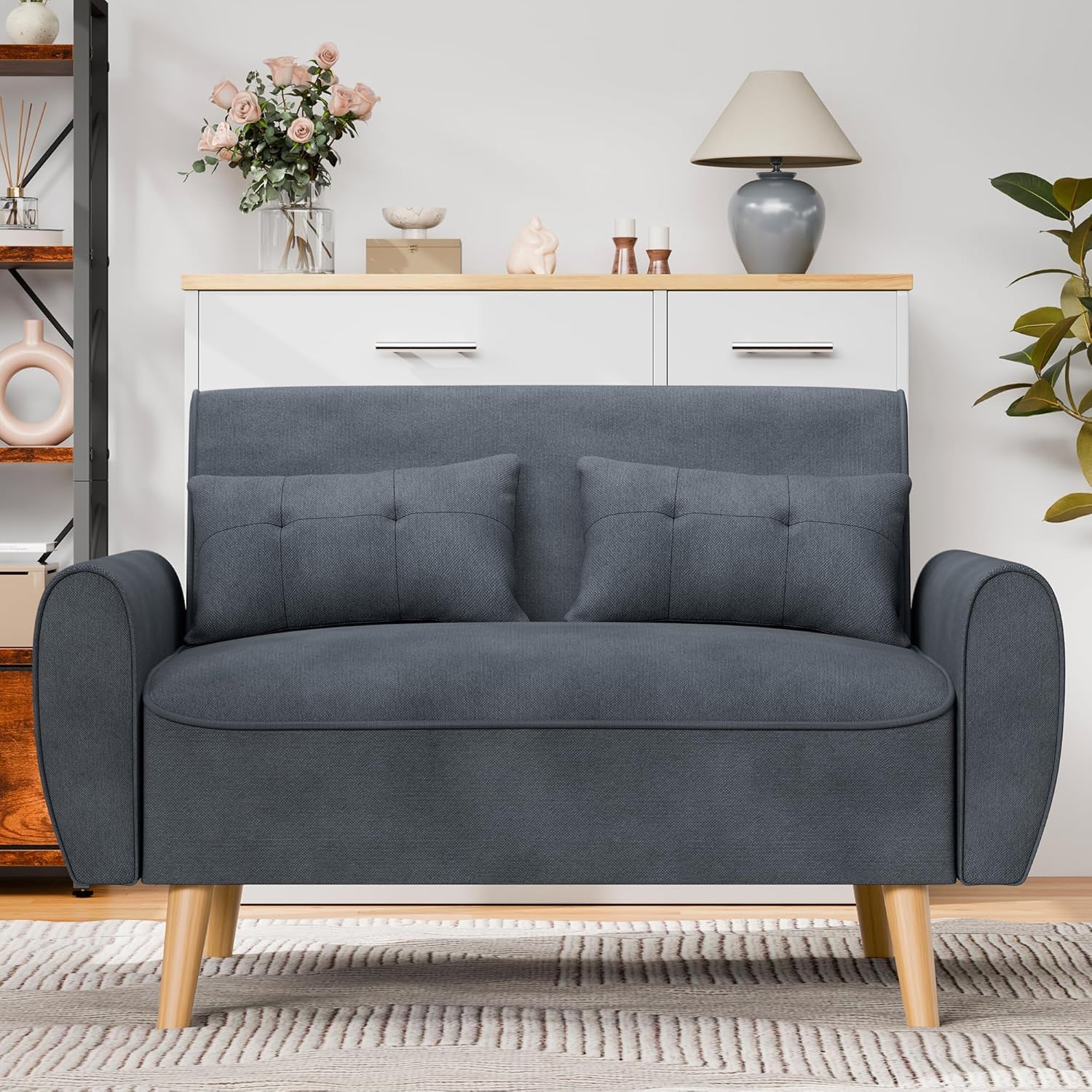 47" Linen Loveseat Sofa – Compact Dark Grey 2-Seater Couch with Pillows, Ideal for Apartments & Small Spaces